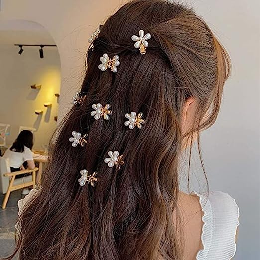 6Pcs Pearl Flower Hair Clips for Women & Girls - Fashionable Small Claw Hair Accessories Set with Pearl Details | Perfect for Parties, Weddings, School & Everyday Wear