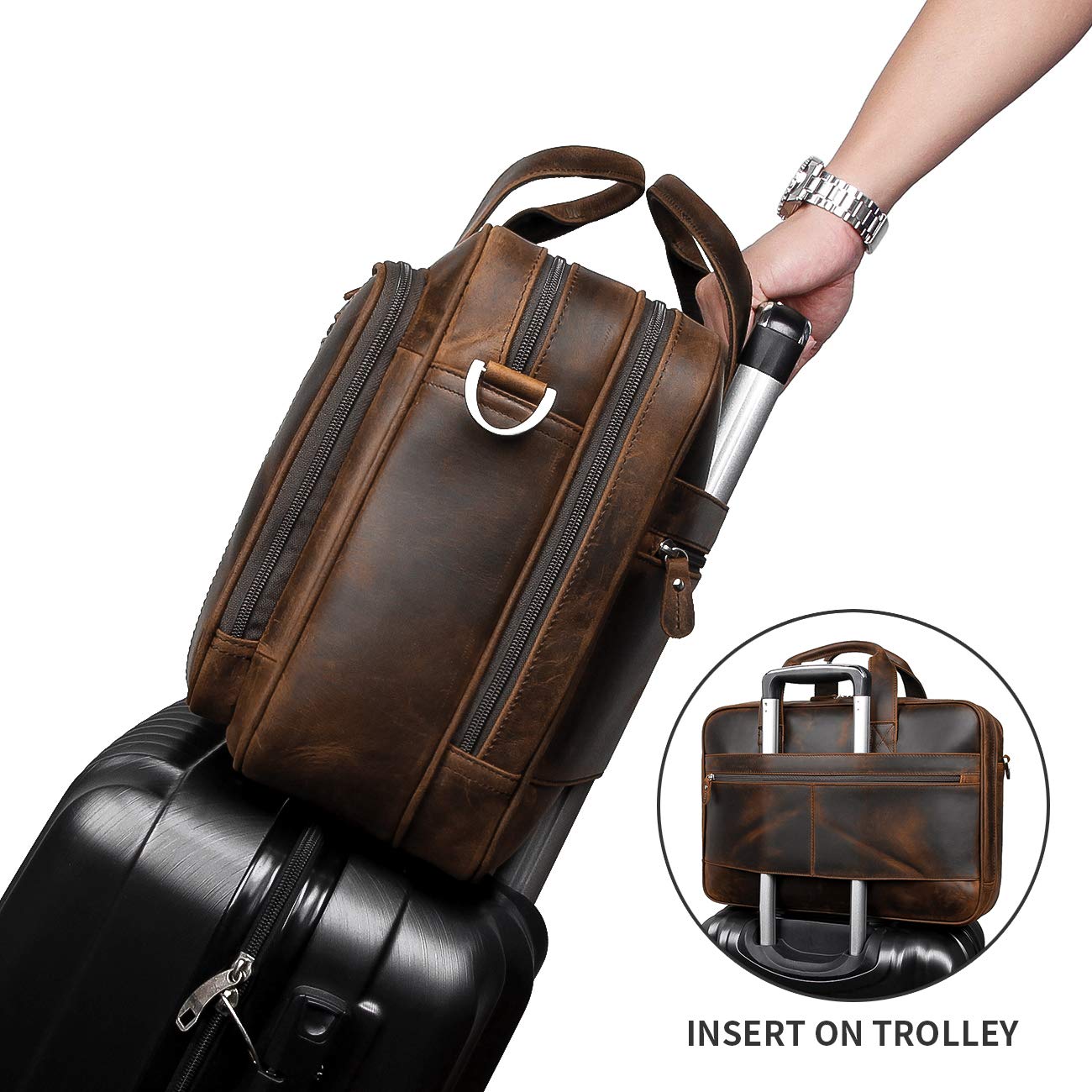 Augus Genuine Leather Business Travel Briefcase for Men - 15.6 Inch Laptop Bag with YKK Metal Zippers - Dark Brown Duffle Bag for Office, Commuting & Business Trips