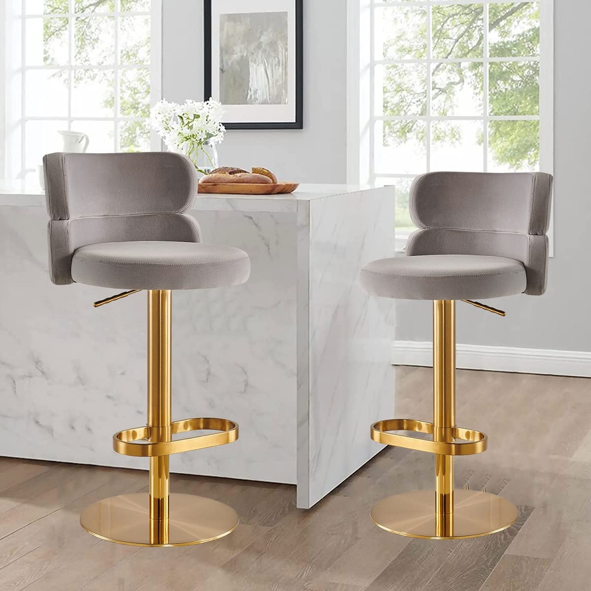 Adjustable Swivel Bar Stools with Back & Upholstered Fabric - Counter Height Kitchen Pub Dining Room Stools (Grey-Gold) - Perfect for Home Bars, Kitchen Islands & Entertainment Spaces