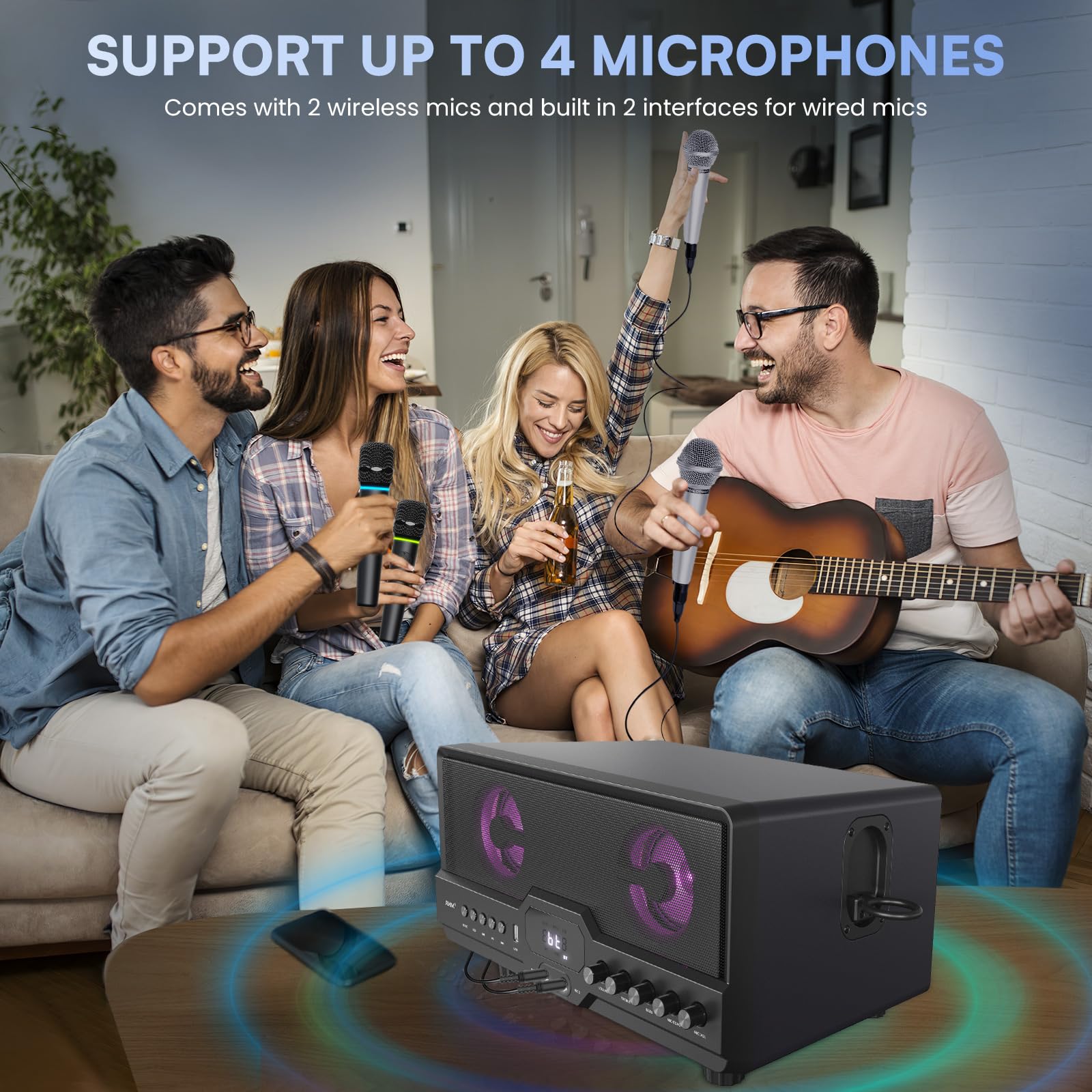 RHM L268 Karaoke Machine with 4 Microphone Support - Powerful Sound, RGB Lights, 2 Rechargeable Wireless Mics, Built-in Wired Mic Ports - Treble/Bass Adjustment, Bluetooth, AUX, USB - Perfect for Home Parties & Family Gatherings