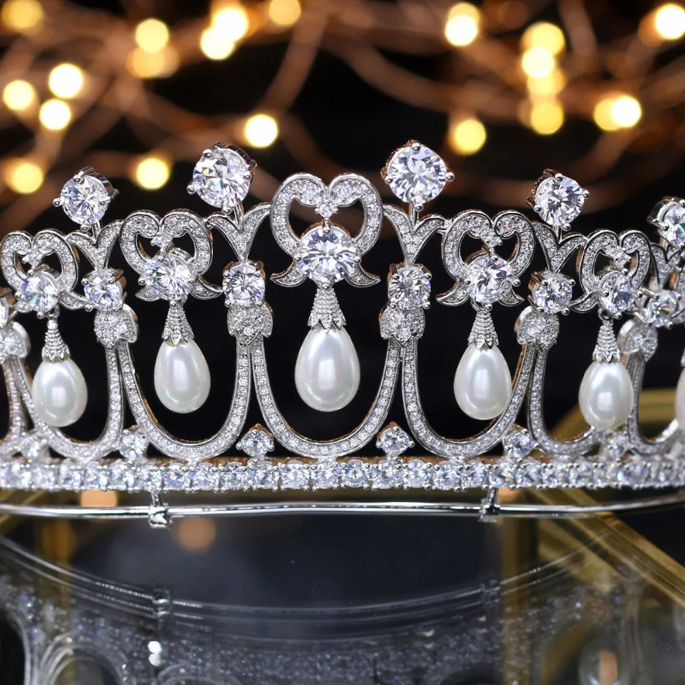 Elegant Crystal and Pearl Zircon Bridal Crown Tiara for Princess - Perfect for Weddings, Prom, and Special Occasions