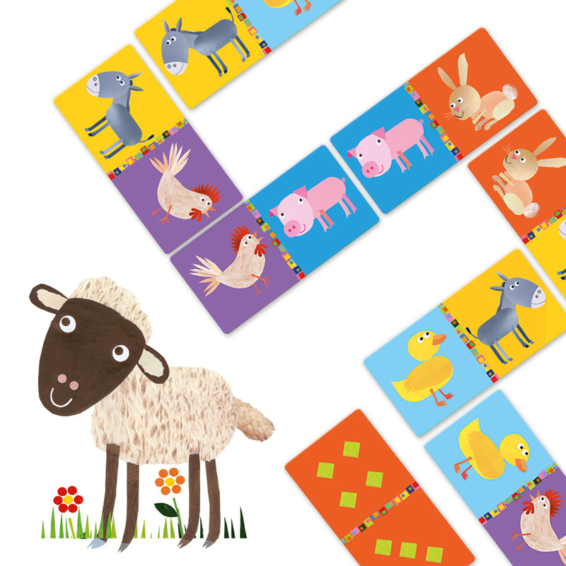 Farm Domino 28pc Wooden Animal Domino Game Set for Kids - Djeco Educational Toys for Family Game Night & Preschool Learning Activities