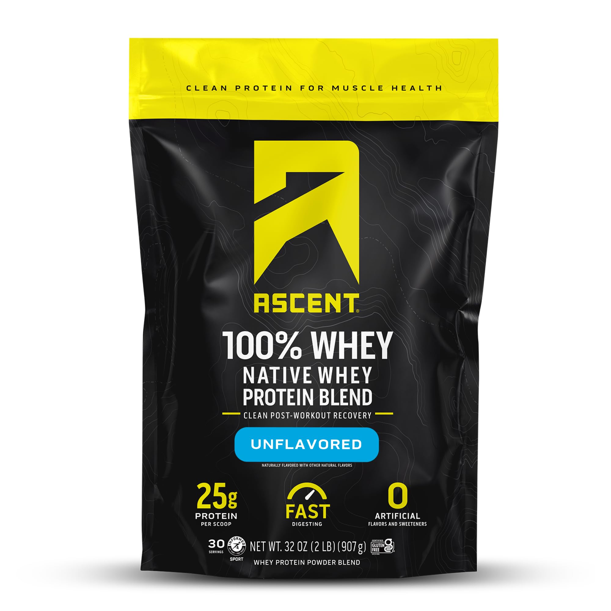 Ascent 100% Whey Protein Powder - Unflavored Whey Protein Isolate for Post Workout Recovery, 5.5g BCAA & 2.6g Leucine, Gluten Free with No Artificial Flavors or Sweeteners, 2 lb - Ideal for Muscle Growth, Weight Loss & Fitness Enthusiasts