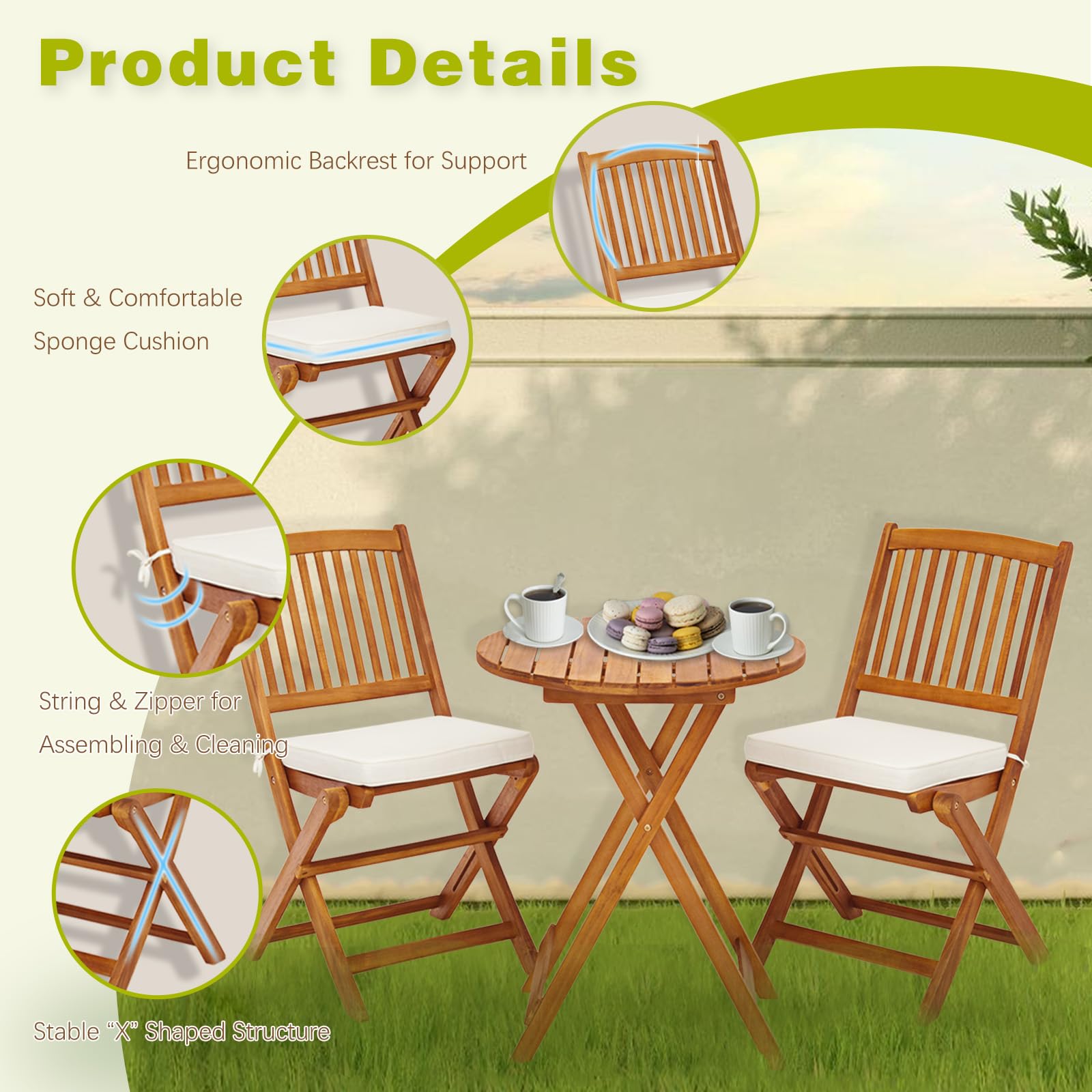 S AFSTAR 3-Piece Acacia Wood Patio Bistro Set with Folding Chairs, Round Coffee Table & Padded Cushions - Outdoor Dining Set for Garden, Balcony, Poolside, Porch & Backyard (Beige) - Perfect for Morning Coffee, Afternoon Tea, and Relaxing Evenings