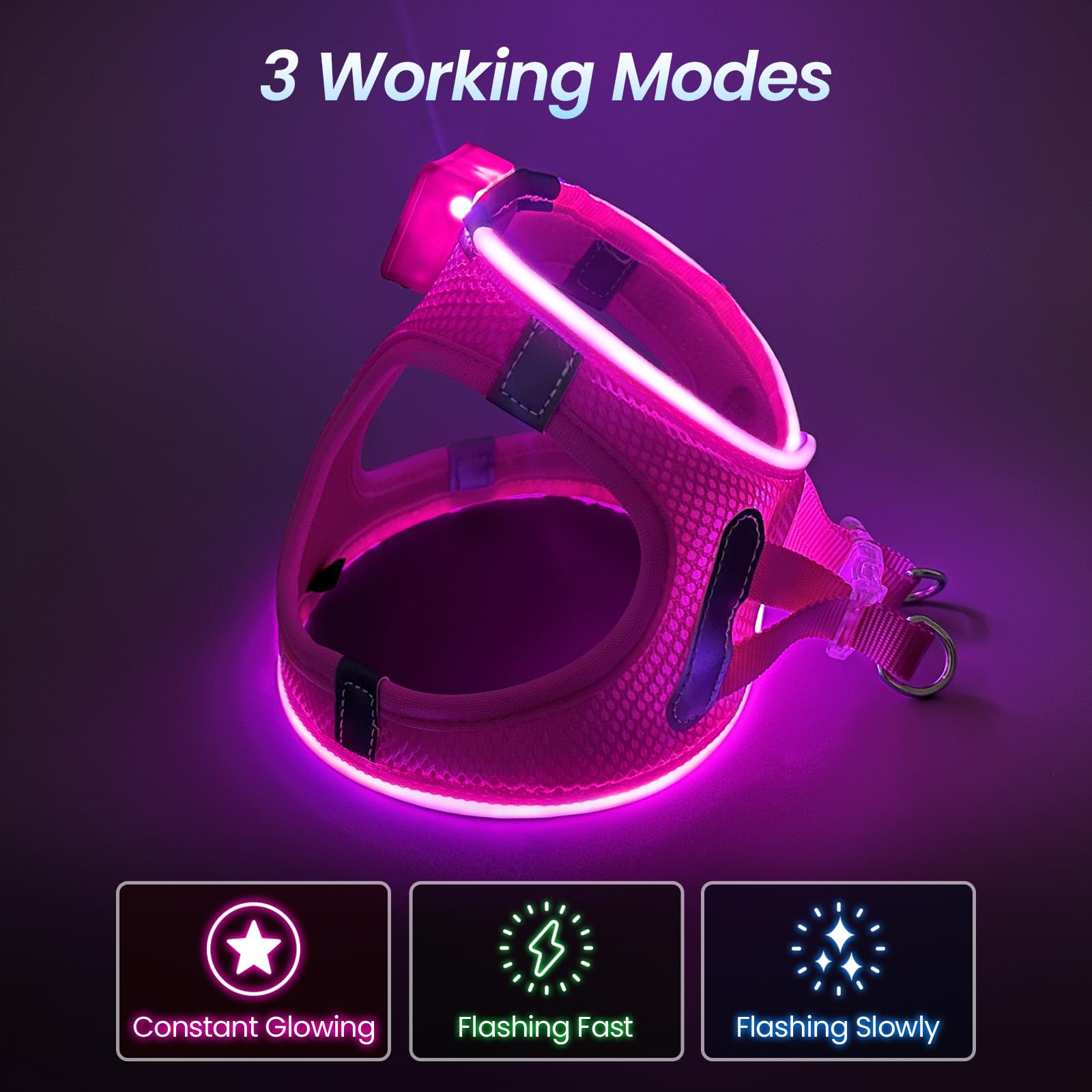 LED Dog Harness with Flashing Lights - Rechargeable No-Pull Reflective Vest for Small & Medium Dogs - Night Walking Safety Gear for Puppies (Pink, Small) - Perfect for Evening Walks, Jogging & Outdoor Adventures