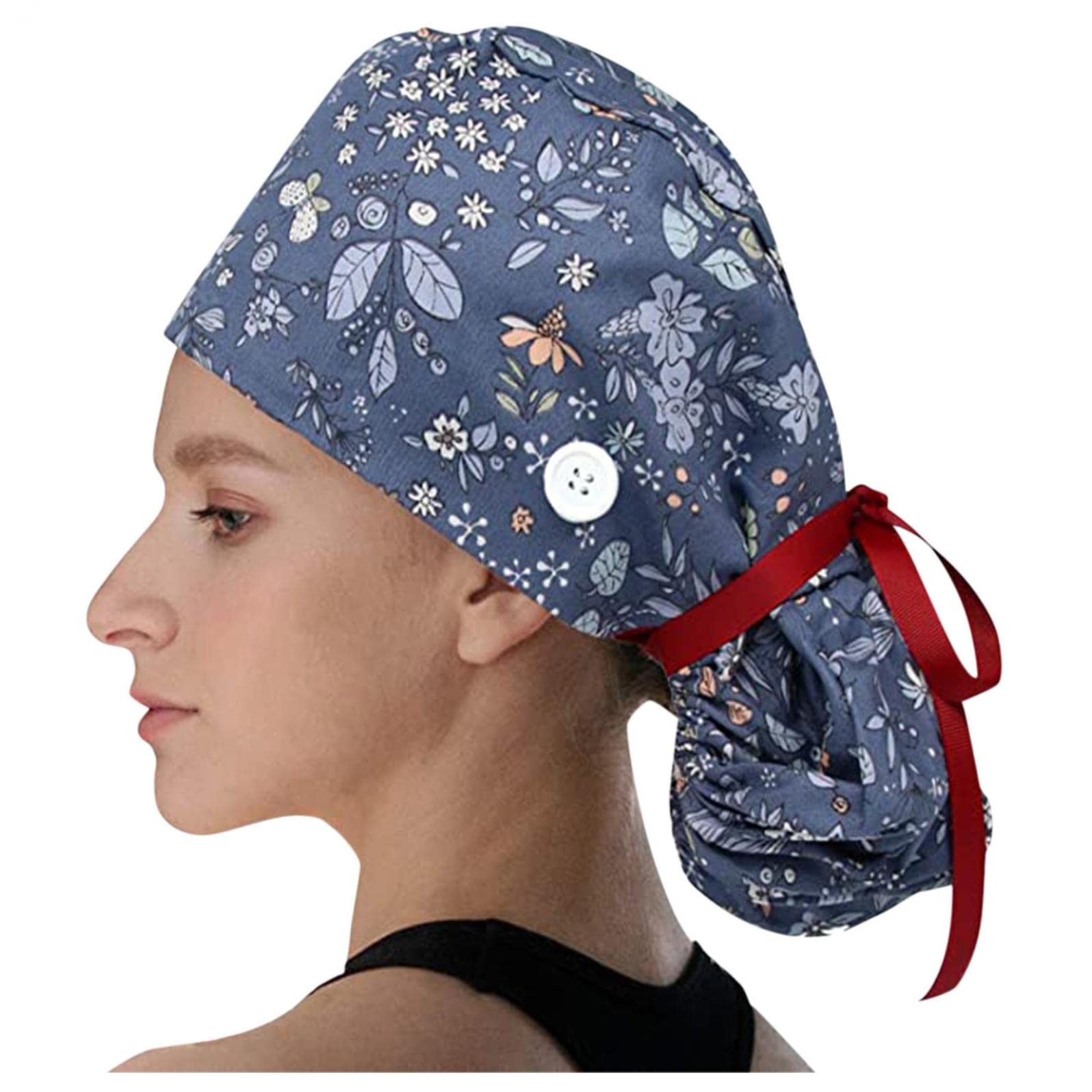Scrub Caps with Button - Breathable Working Hats with Sweatband | Cute Slouchy Long Hair Nurse Hats for Women & Men | Adjustable Ribbon Surgical Caps for Hospitals & Clinics | Perfect for Nurses, Doctors & Healthcare Professionals