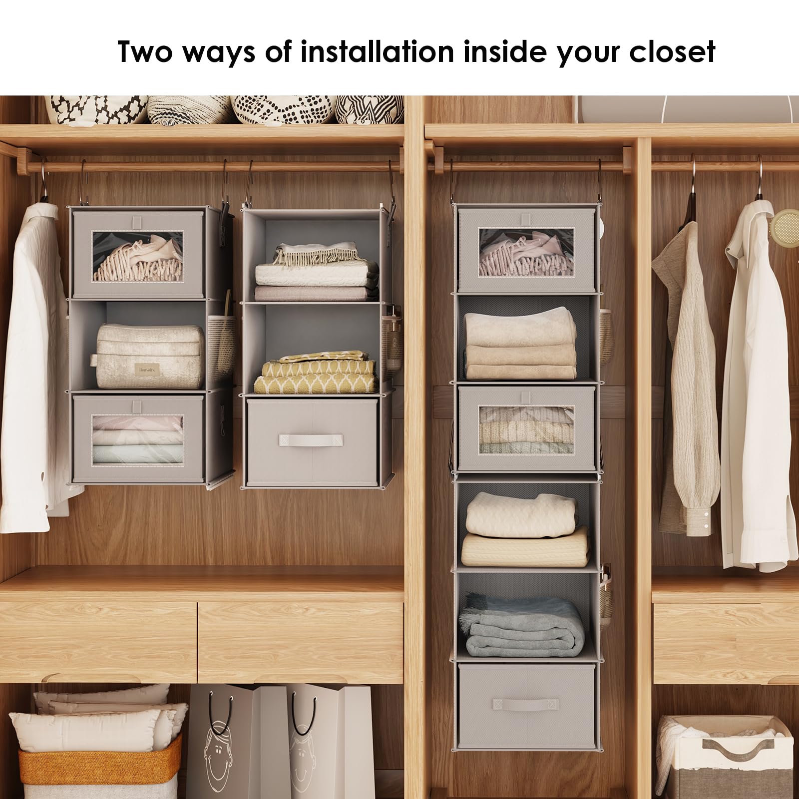 Fixwal 6-Tier Hanging Closet Organizer with 3 Drawers - Space Saving Shelves for Clothes, Shoes & Accessories - Perfect for Bedroom, Dorm & Small Space Organization (1 Pack, Gray) - Ideal for Maximizing Closet Space and Keeping Wardrobes Neat