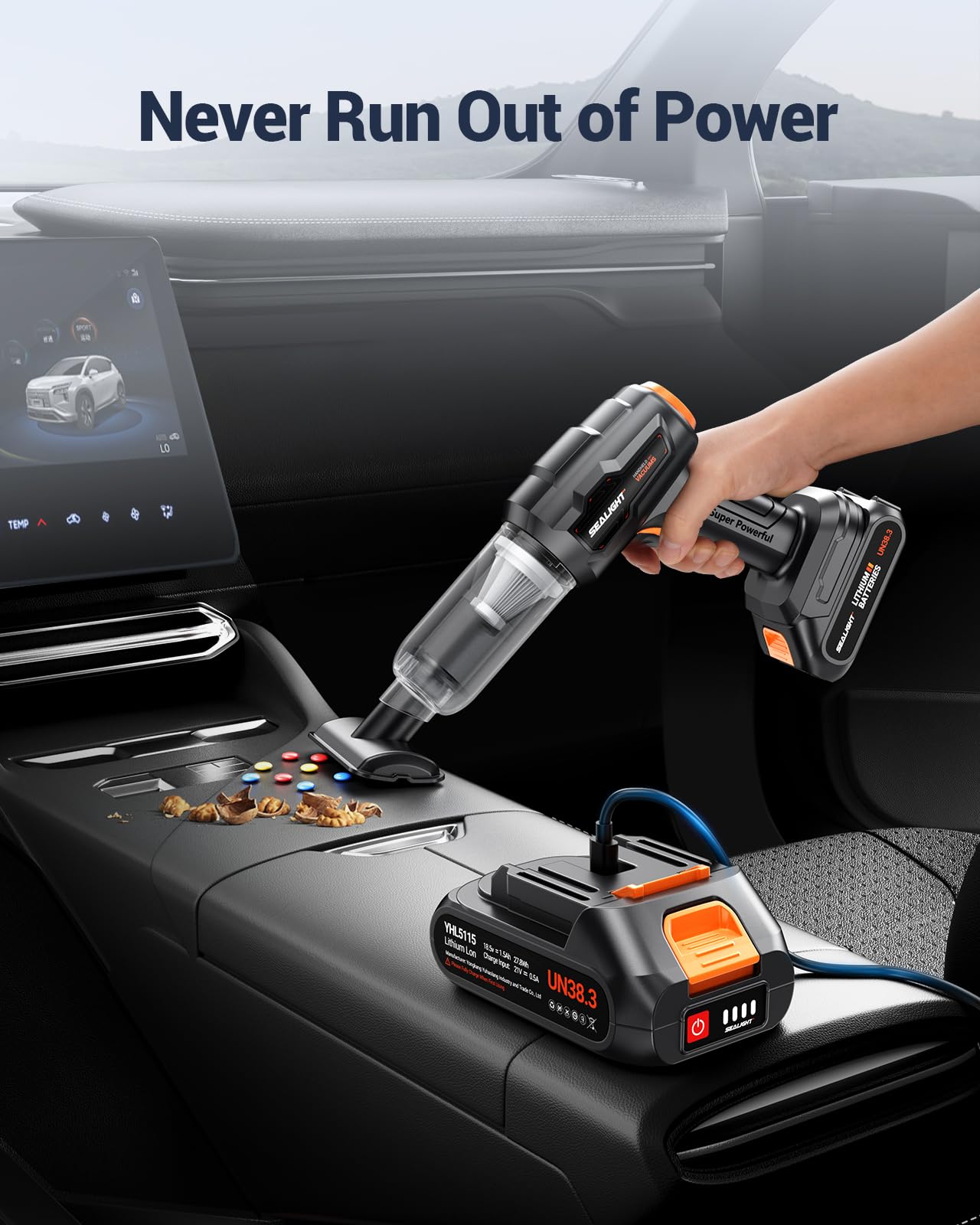 SEALIGHT 21000Pa High Power Cordless Car Vacuum Cleaner - 18V/120W Handheld Vacuum with 2 Long-Lasting Batteries for Car, Home, and Pet Hair Cleaning | Perfect for Car Detailing, Upholstery, and Small Spaces