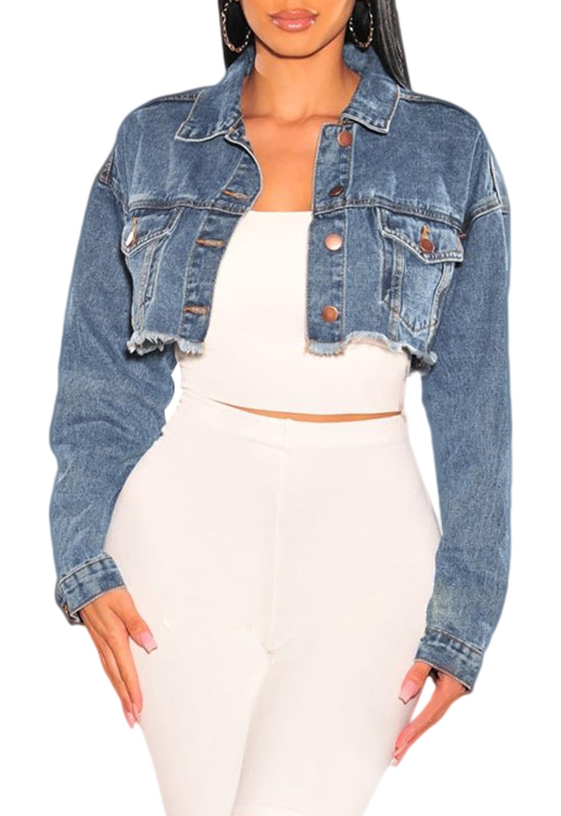 ZERMOM Women's Cropped Denim Jacket - Button Down Long Sleeve Fitted Crop Top Jean Coat for Casual Outfits, Streetwear & Spring Layering