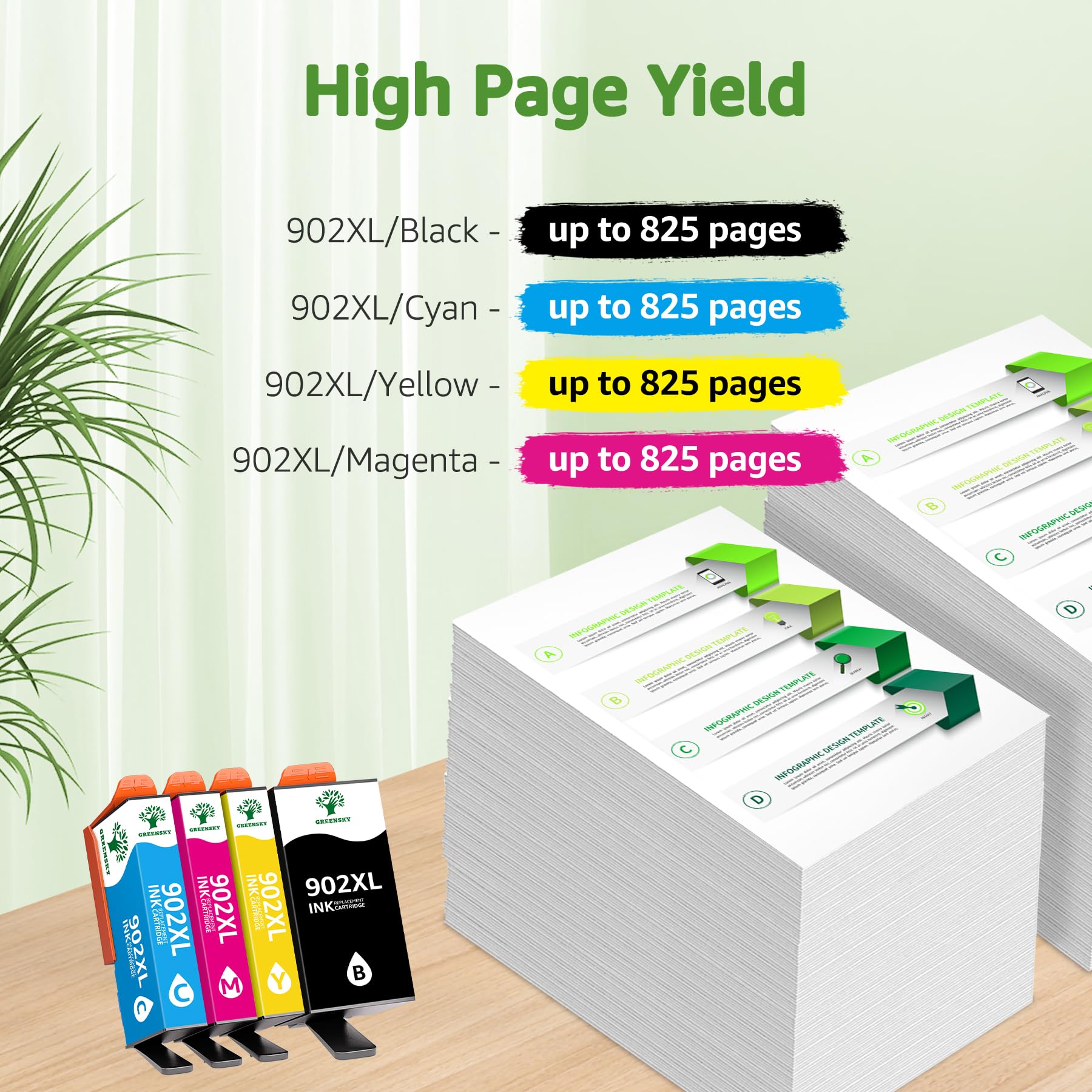 GREENSKY 4-Pack Compatible 902XL Ink Cartridges for HP Printers - Replacement for HP 902 & 902XL - Works with HP Officejet Pro 6968, 6978, 6970, 6958, 6960, 6975, 6954, 6962 - High-Quality Printing for Home & Office Documents, Photos, and Projects