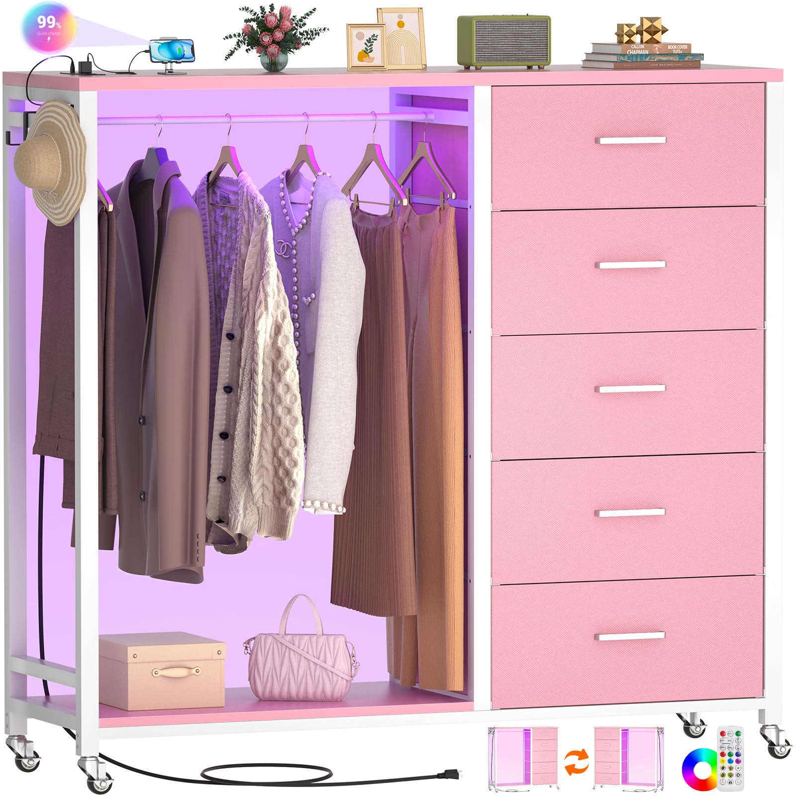 Cyclysio 5-Drawer Dresser with Clothes Rack, Charging Station & LED Lights - Pink Rolling Storage Chest with Wooden Top & Lockable Wheels for Bedroom, Closet, Nursery, or Dorm Organization