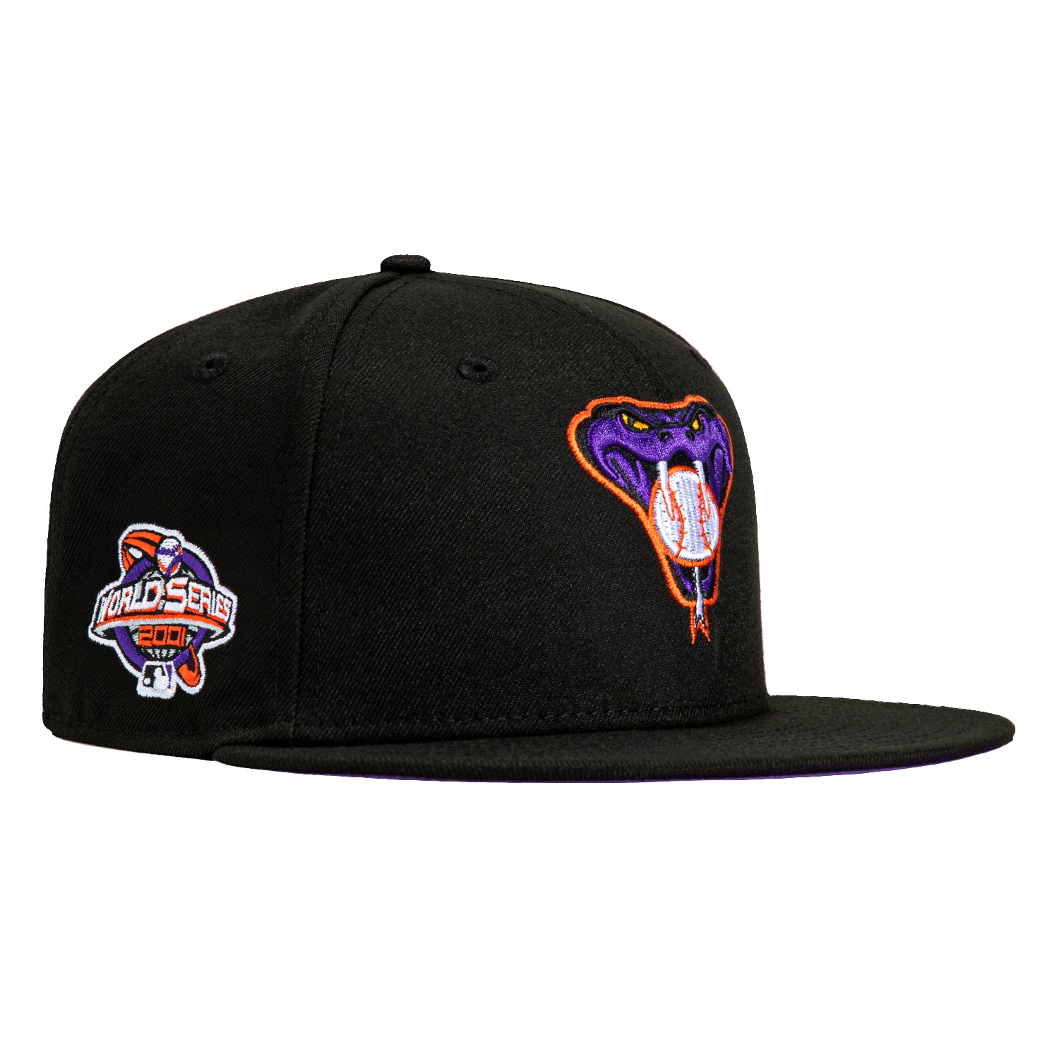 New Era 59Fifty MLB Arizona Diamondbacks 2001 World Series Patch Snake Head Snapback Hat - Black, Purple & Orange - Official Licensed Baseball Cap for Fans & Streetwear Fashion