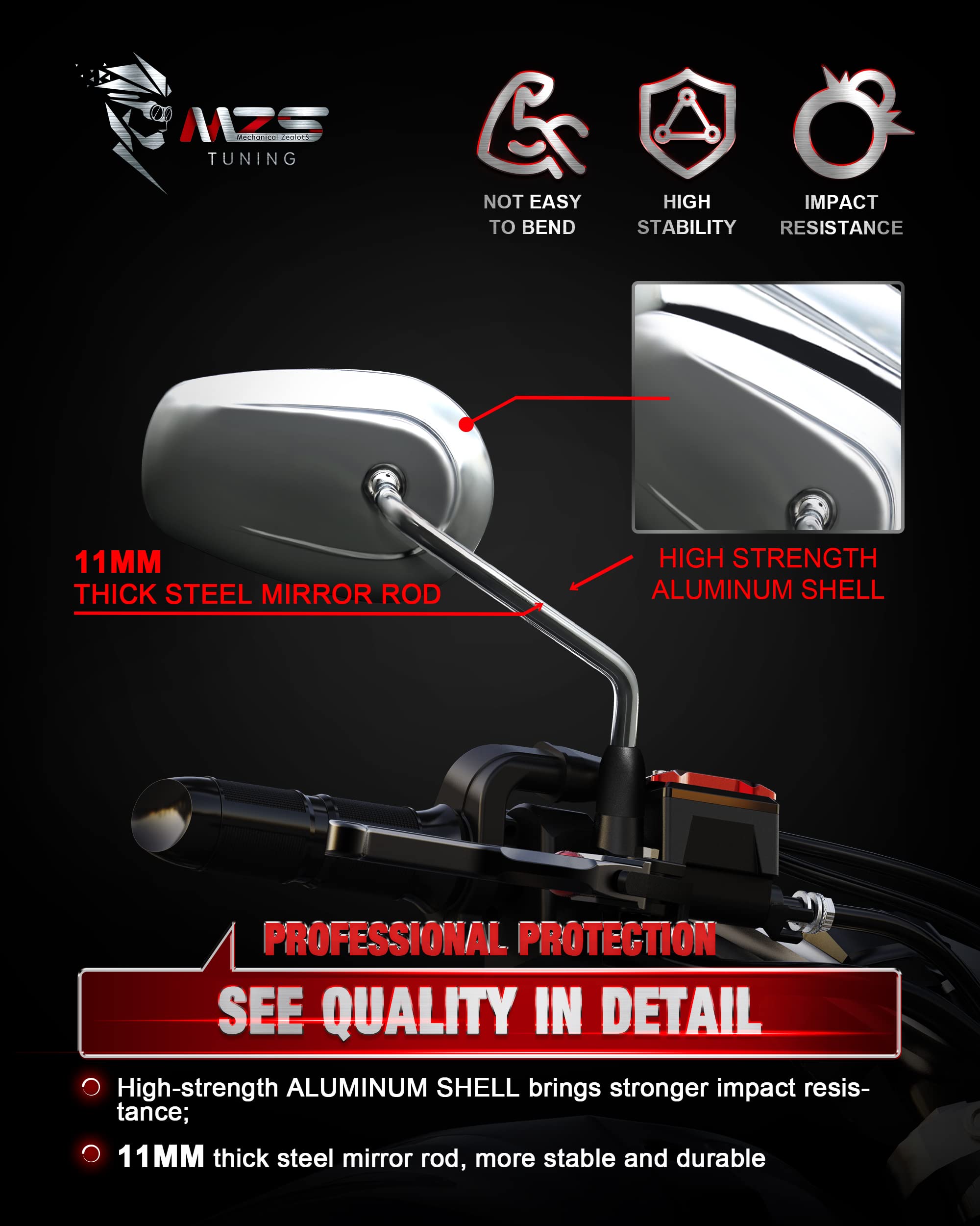 Universal 10mm Chrome Motorcycle Mirrors - Aluminum Rear View Side Mirrors for Touring, Cruiser, Chopper, Street & Naked Bikes | Compatible with Honda Shadow, Suzuki Boulevard, Kawasaki Vulcan, Yamaha VStar & More | Enhanced Safety for Highway Riding & City Commuting