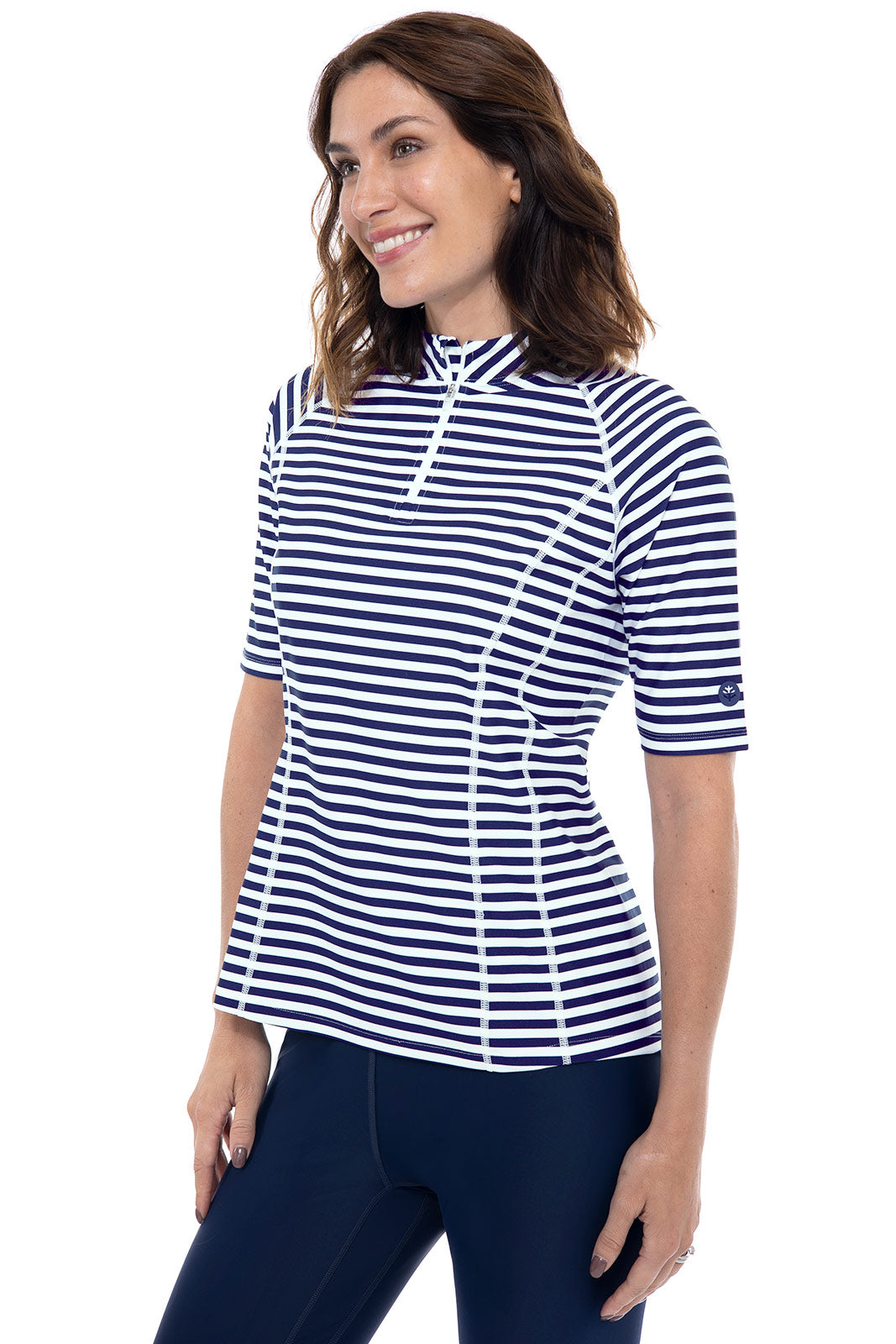 Women's Freestyle Short Sleeve Rash Guard UPF 50+ Sun Protection - White & Navy Stripe Swim Shirt for Surfing, Swimming & Beach Activities