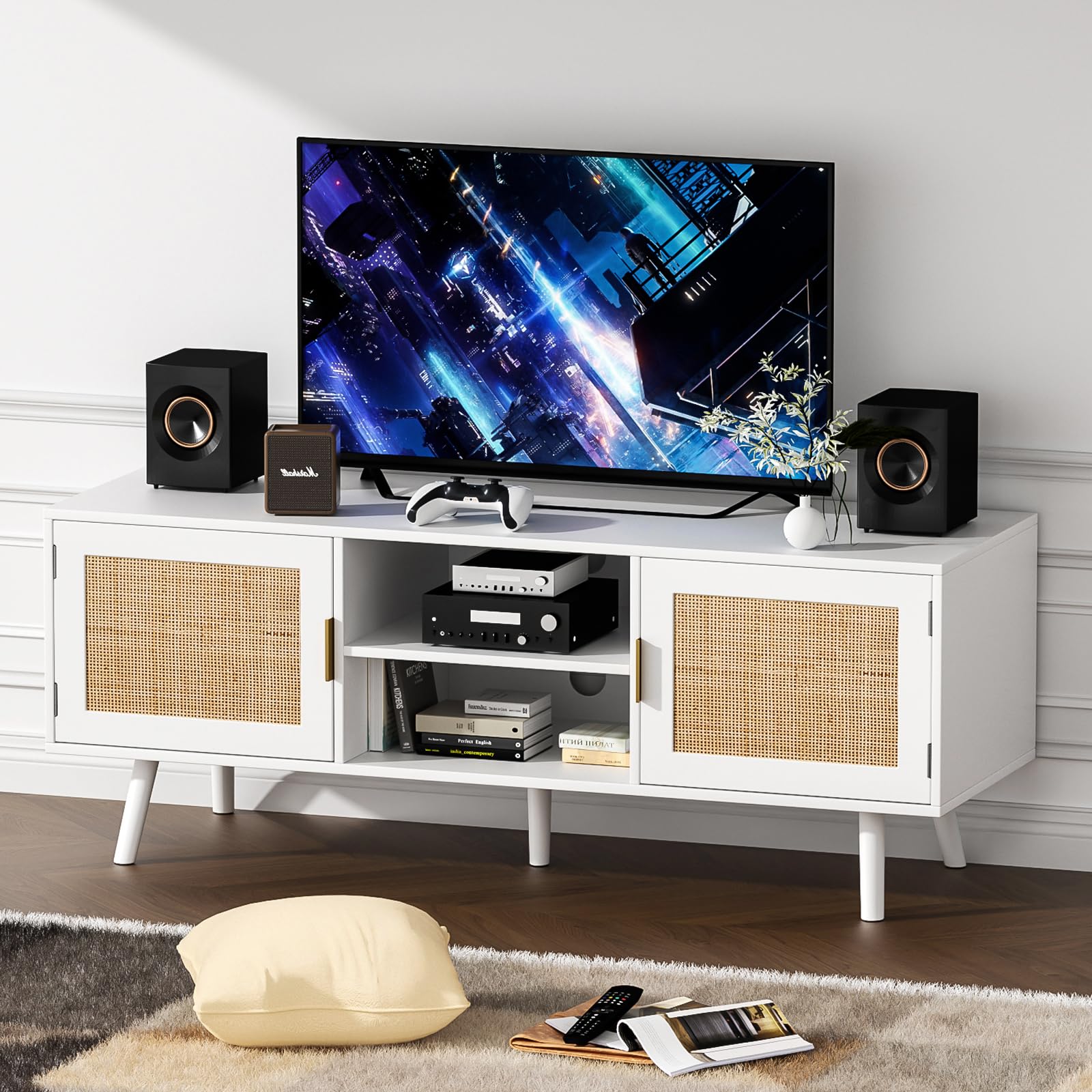 Anmytek 55 Inch Farmhouse Rattan TV Stand - Mid Century Modern Entertainment Center with Storage Cabinet, Wood Media Console for Living Room, Bedroom & Office - White H0055