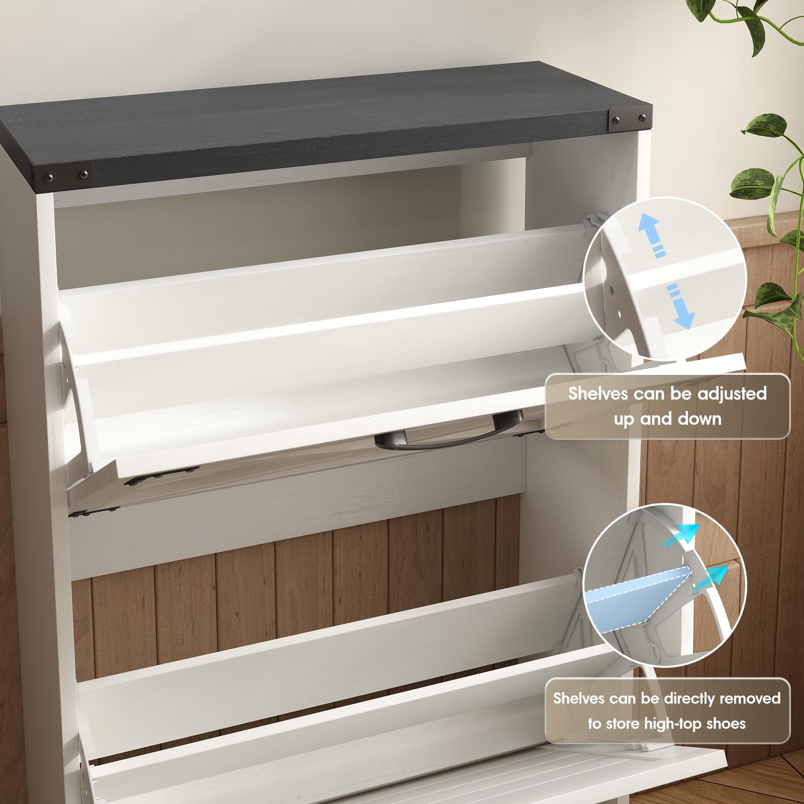 Maupvit 24 Inch Wide White Farmhouse Style Shoe Storage Cabinet - Freestanding Entryway Organizer with 2 Flip-Up Drawers, Narrow Shoe Rack with Decorative Metal Corners - Perfect for Small Spaces, Hallways and Closet Organization
