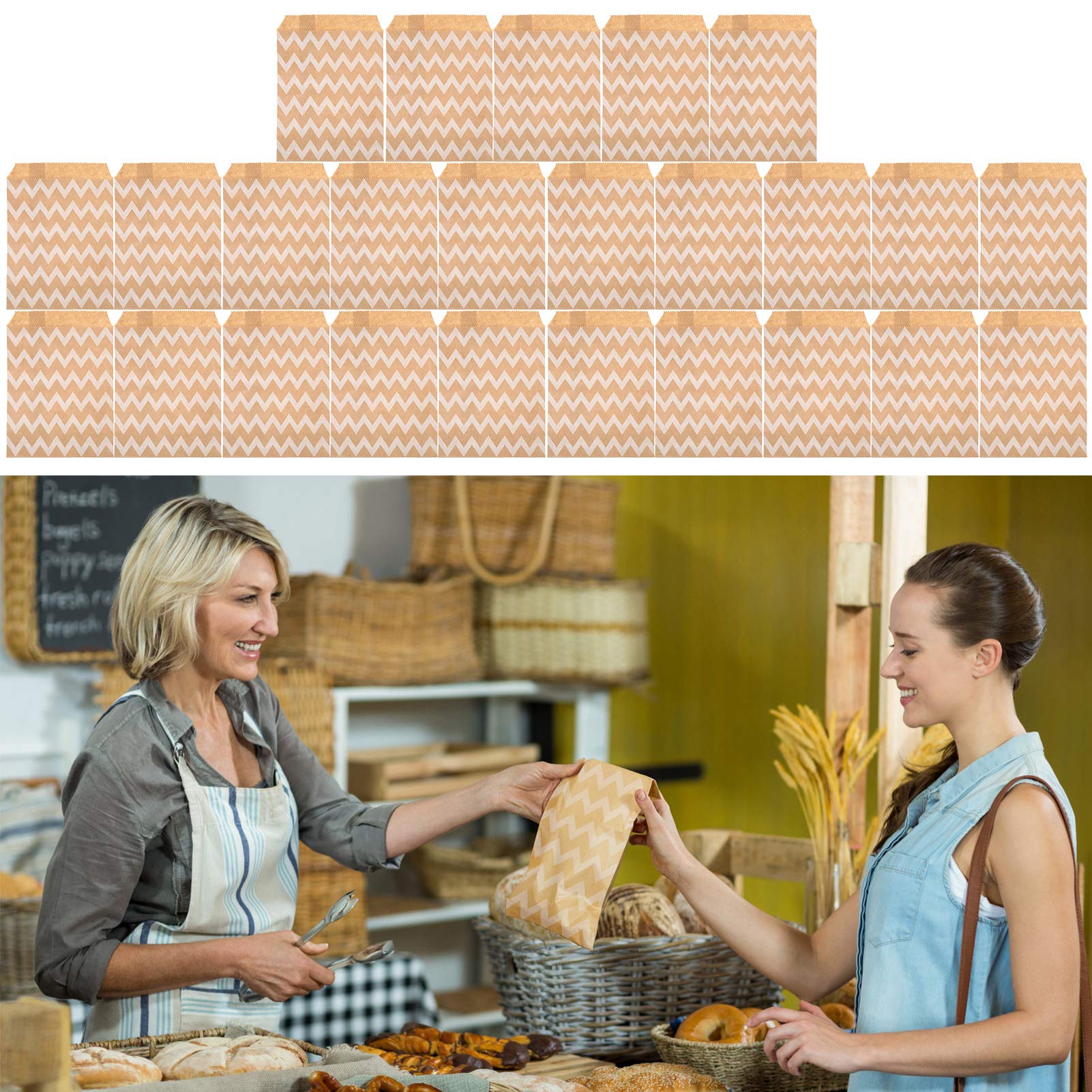 Eco-Friendly Foldable Brown Paper Lunch Bags - 25 Pack Biodegradable Sandwich & Snack Bags for Bakery, Cookies, Candy (Wave Pattern) | Perfect for School Lunches, Picnics & Party Treats