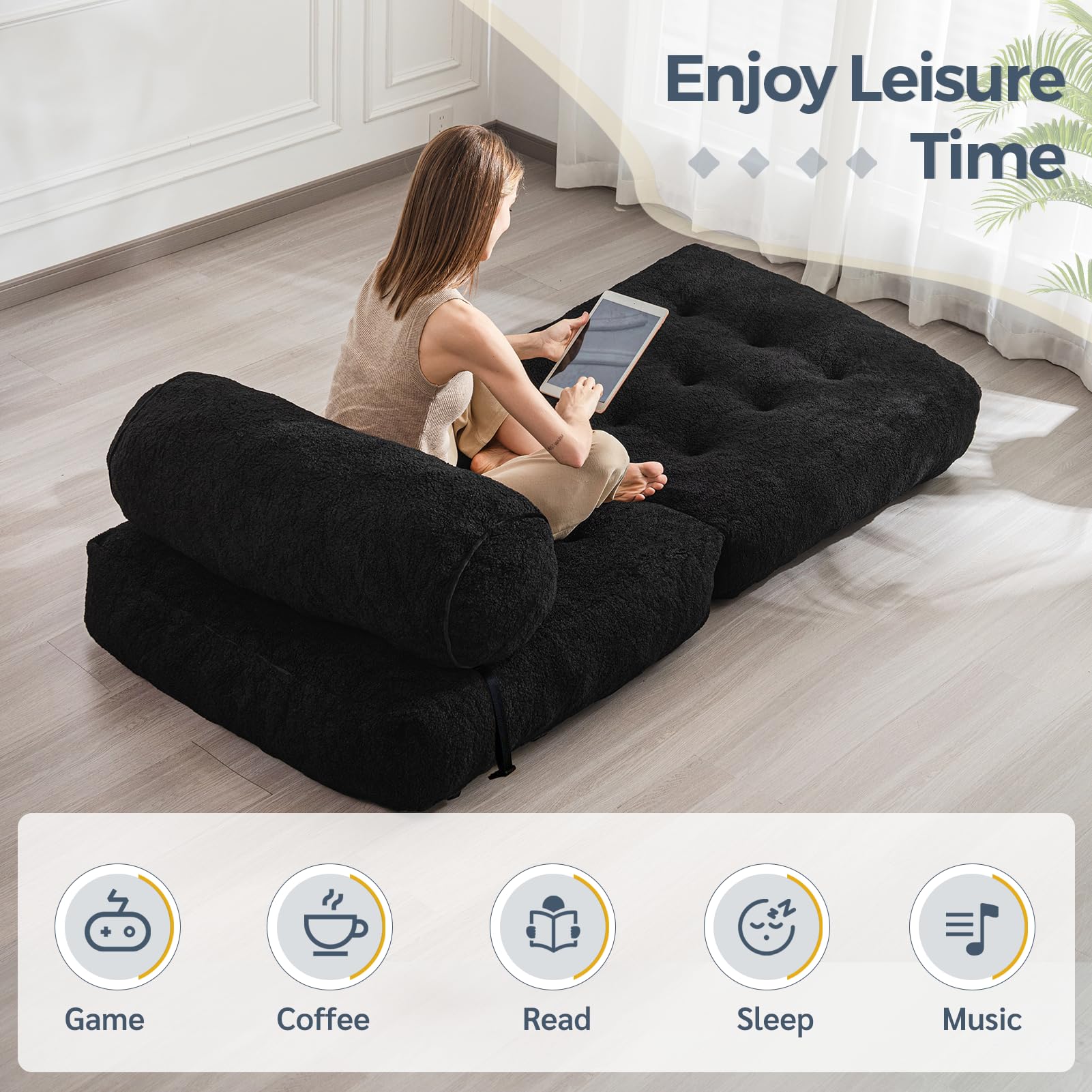 MAXYOYO Folding Sofa Bed - Convertible Boucle Sleeper Chair with Bolster Pillow, Multi-Functional Floor Sofa Lounge for Living Room & Bedroom (Black) | Perfect for Small Spaces, Guest Rooms & Apartment Living