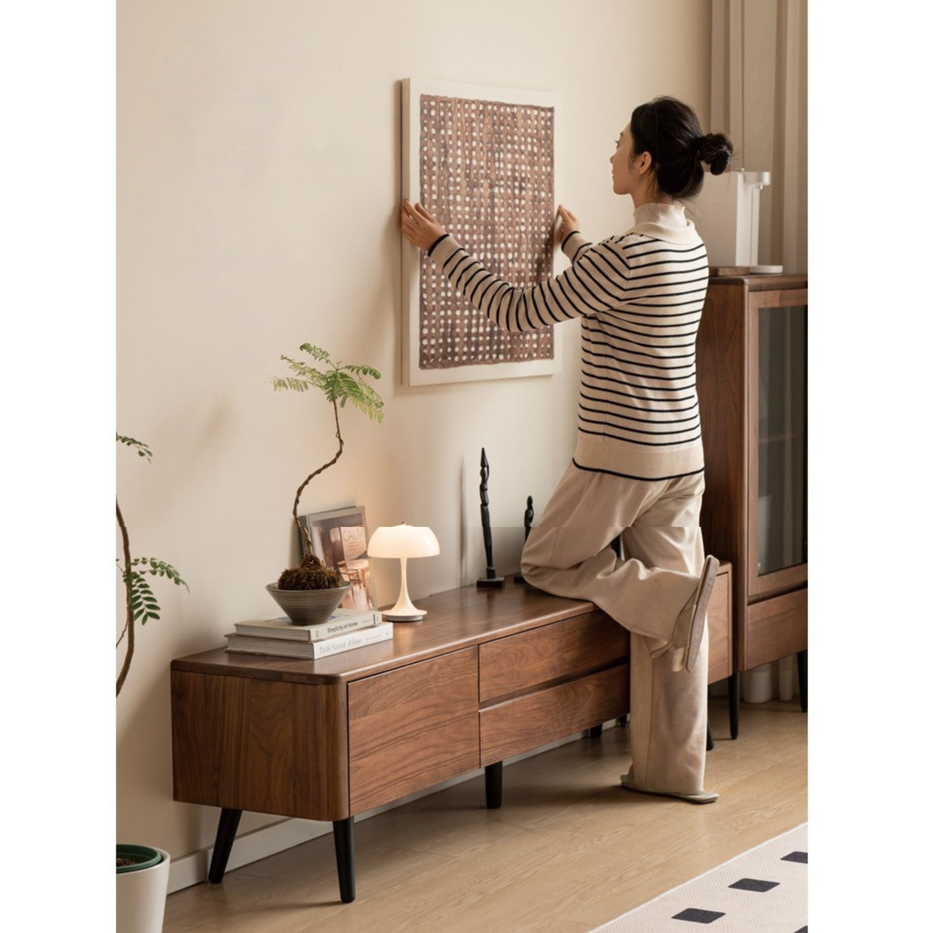 Black Walnut Solid Wood TV Stand - Modern Minimalist Entertainment Center for Living Room, Bedroom & Home Theater