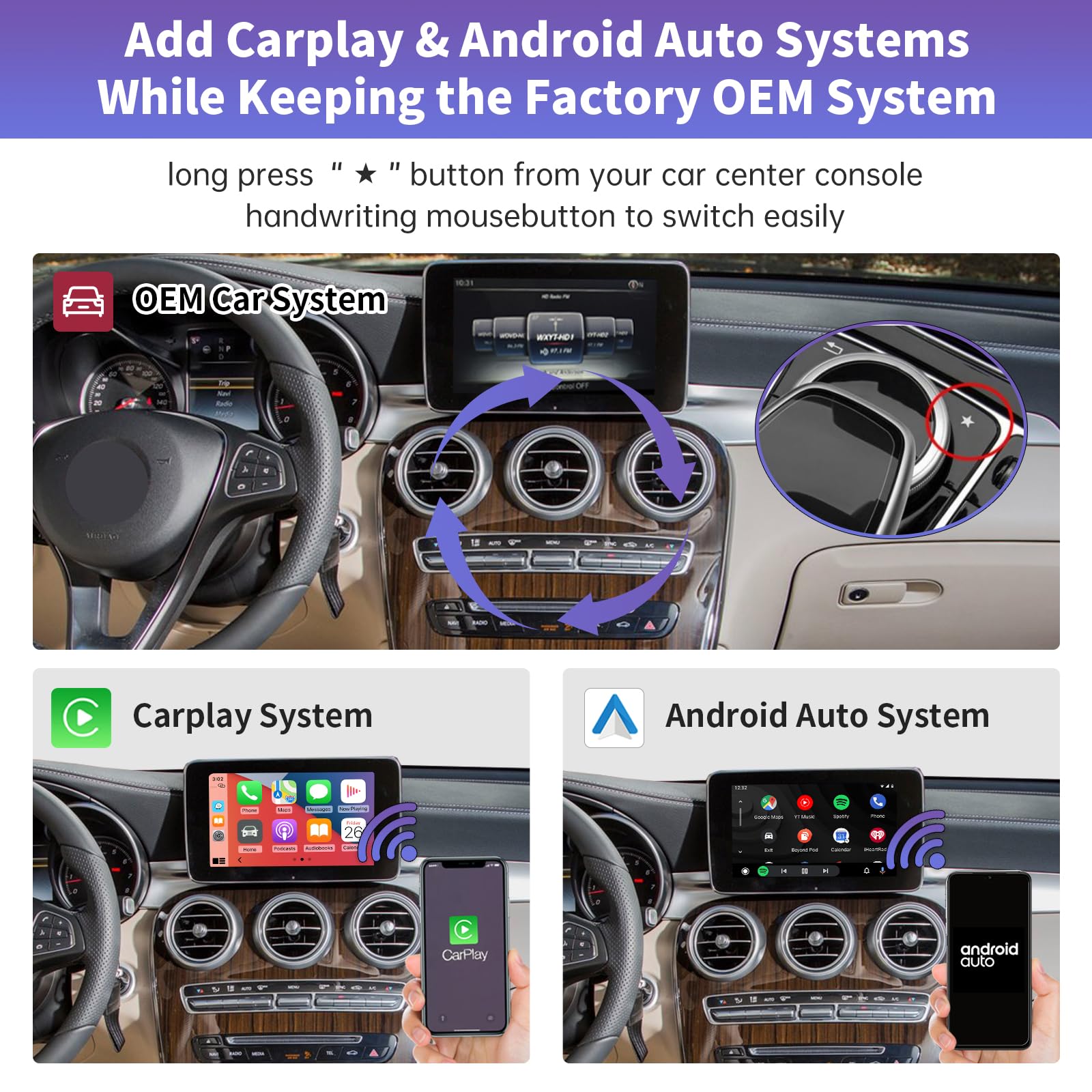 Wireless CarPlay & Android Auto Adapter for Mercedes Benz B/C/E/G/S/V/GLC/CLA/GLA/GLE/GLS Class 2015-2018 with NTG5.0 - CarPlay Retrofit Kit, MirrorLink & Backup Camera Support - Perfect for Hands-Free Navigation & Entertainment While Driving