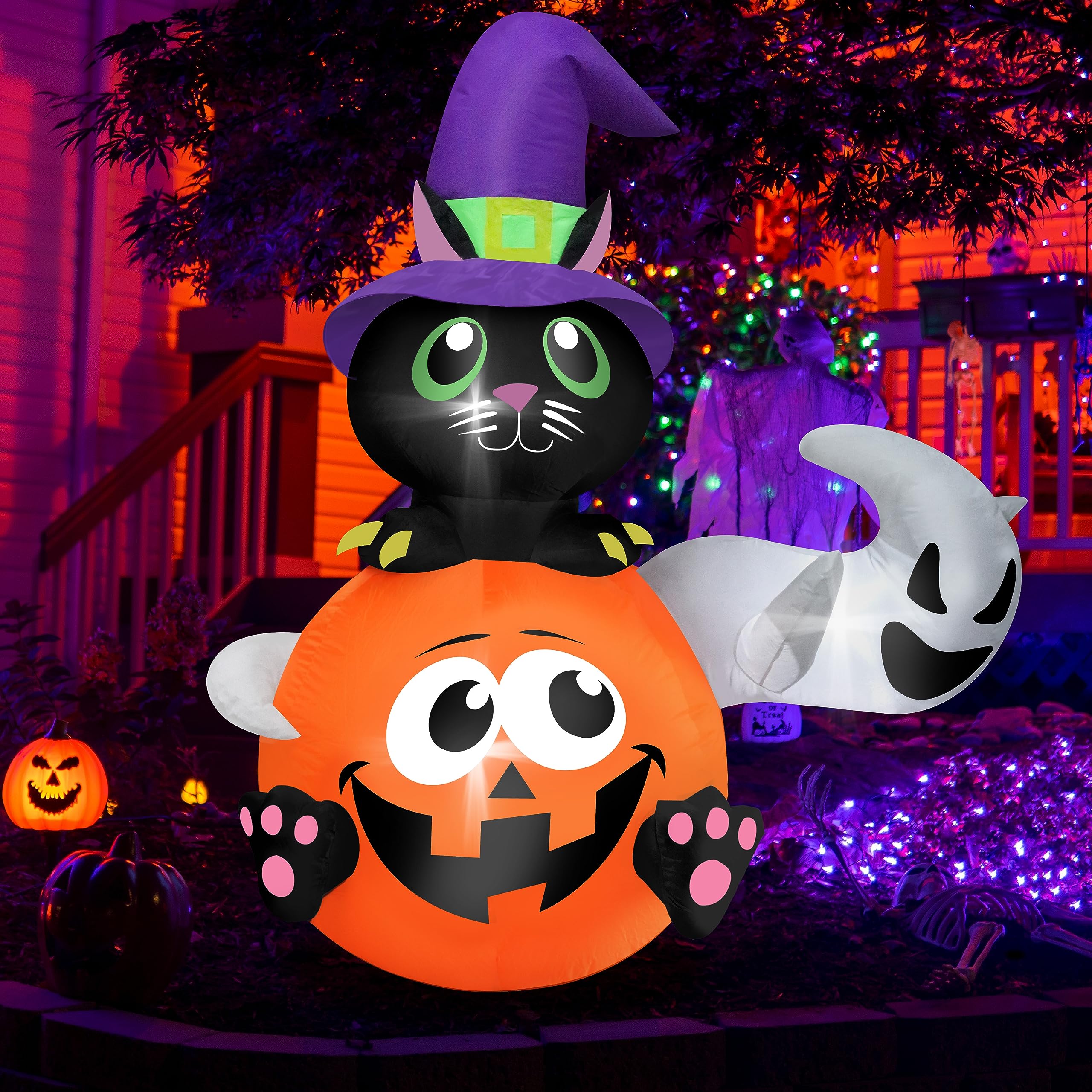 5 FT Halloween Inflatable Pumpkin & Witch Cat Yard Decoration with Built-in LED Lights - Indoor/Outdoor Halloween Decor for Porch, Lawn, Garden Party (HMCQ001)