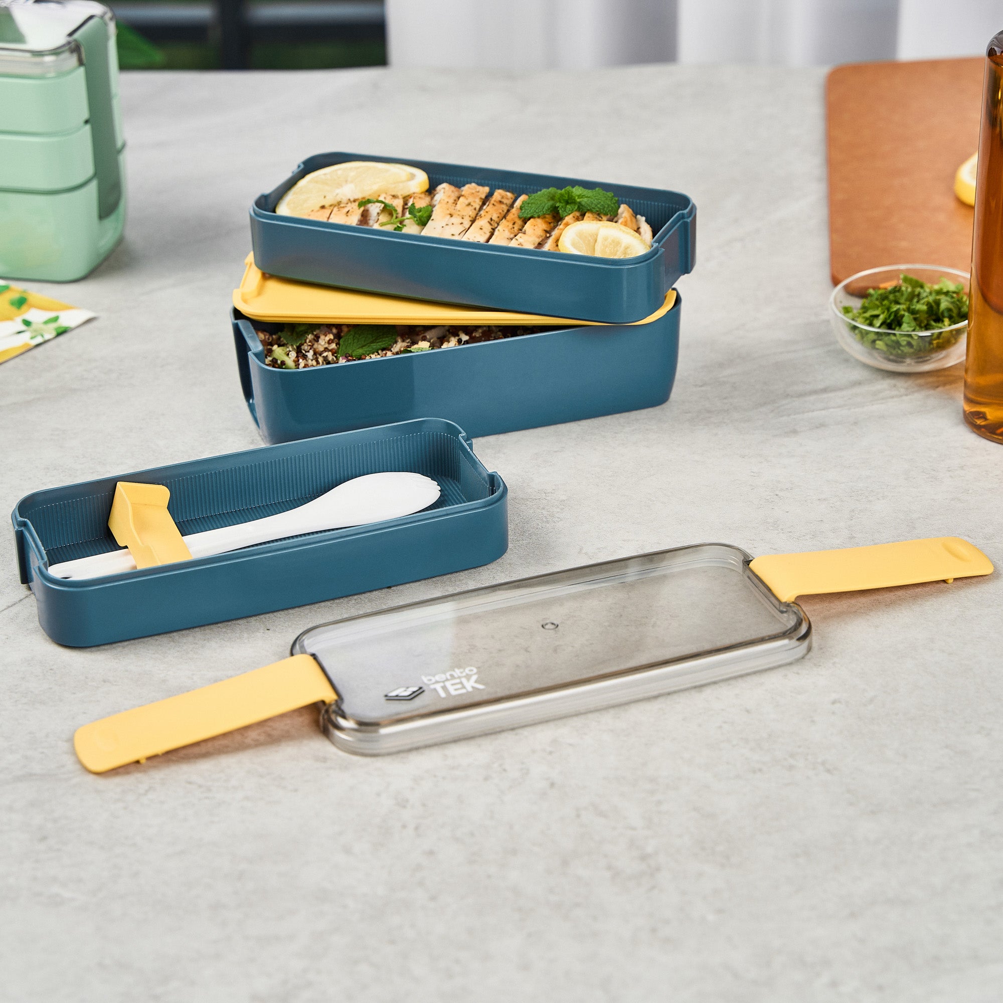 Bento Tek 30 oz Blue & Yellow 3-in-1 BPA Free Lunch Box Set with Fork & Knife - Microwave Safe, 7.5