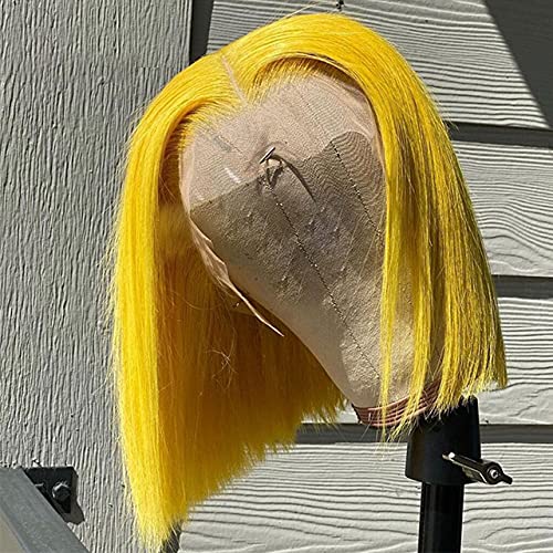 Yellow Bob Wigs Human Hair 10 Inches Silky Straight Glueless 13x4 Lace Front Bleached Knots Pre Plucked with Baby Hair | HD Transparent Lace Frontal Bob Wigs Blunt Cut 180% Density | Perfect for Cosplay, Halloween, Daily Fashion & Special Occasions for Women
