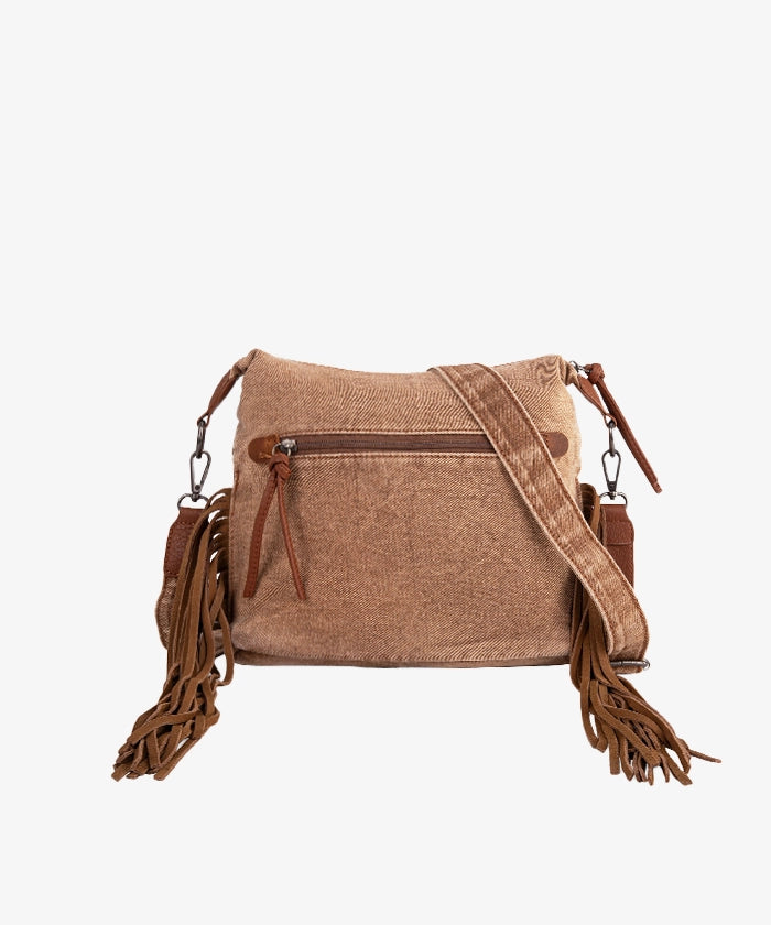 Wrangler Fringe Floral Tooled Denim Crossbody Bag for Women - Western Style Handbag Purse for Casual Outings, Music Festivals & Country Events