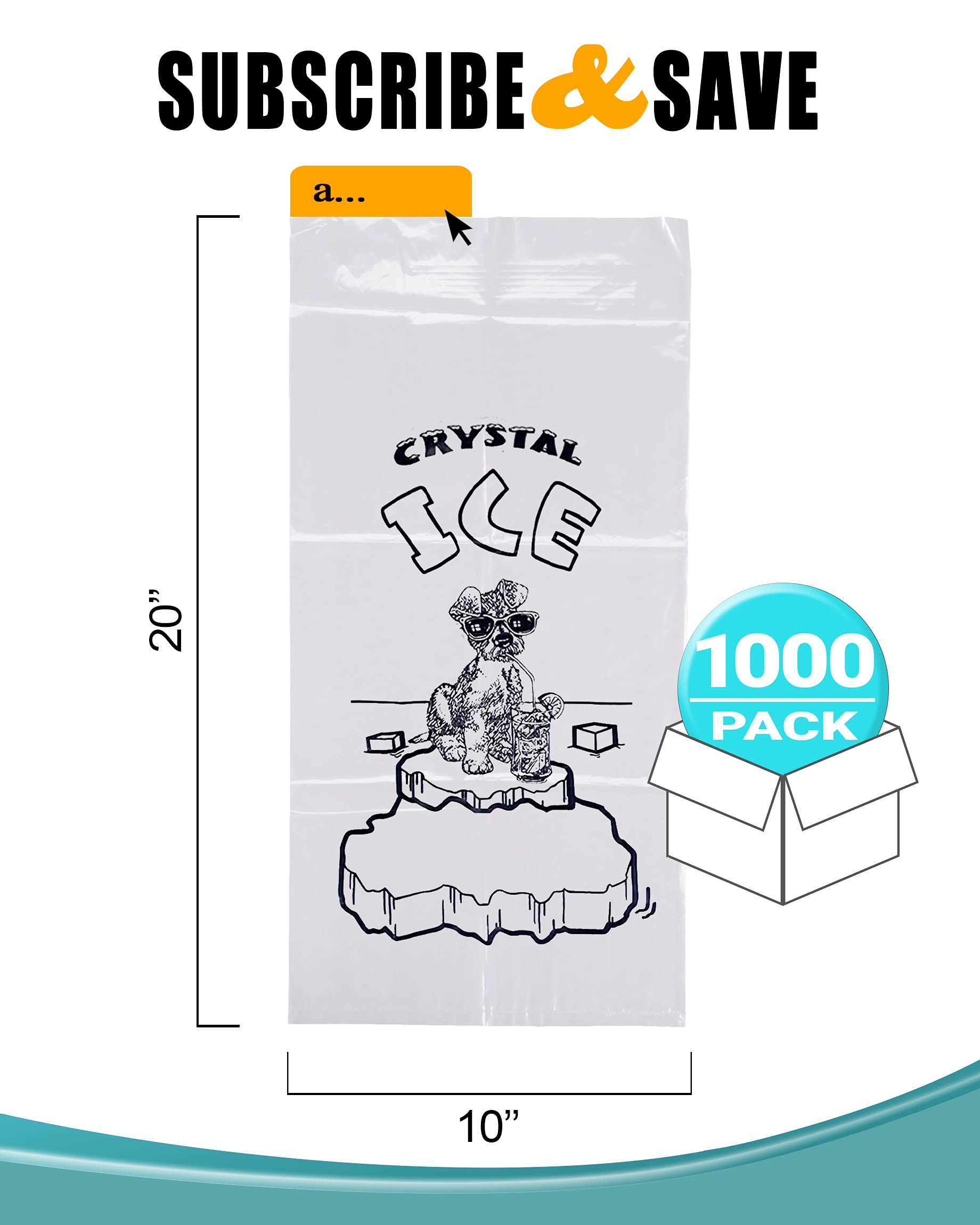 APQ 1000 Pack 10x20 Open Top Ice Bags with Twist Ties - 1.5 Mil Thick BPA Free Food Grade Plastic - Crystal Clear Printed Ice Bags (8 lbs) - Perfect for Party Coolers, Commercial Ice Machines & Food Storage
