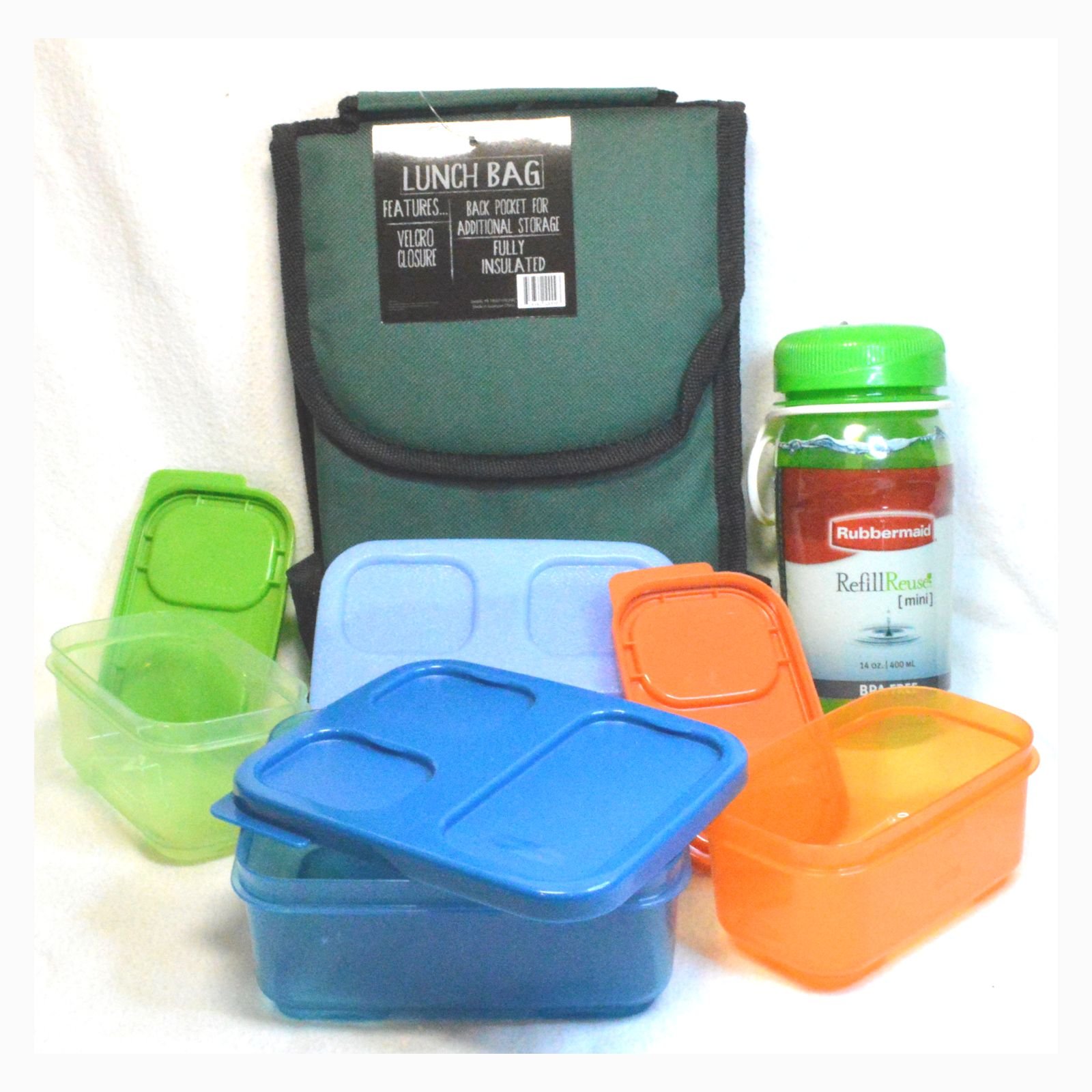 Insulated Kids Lunch Bag with Rubbermaid Lunch Blox Sandwich Container & Water Bottle Set - Green | Perfect for School, Picnics & Outdoor Activities
