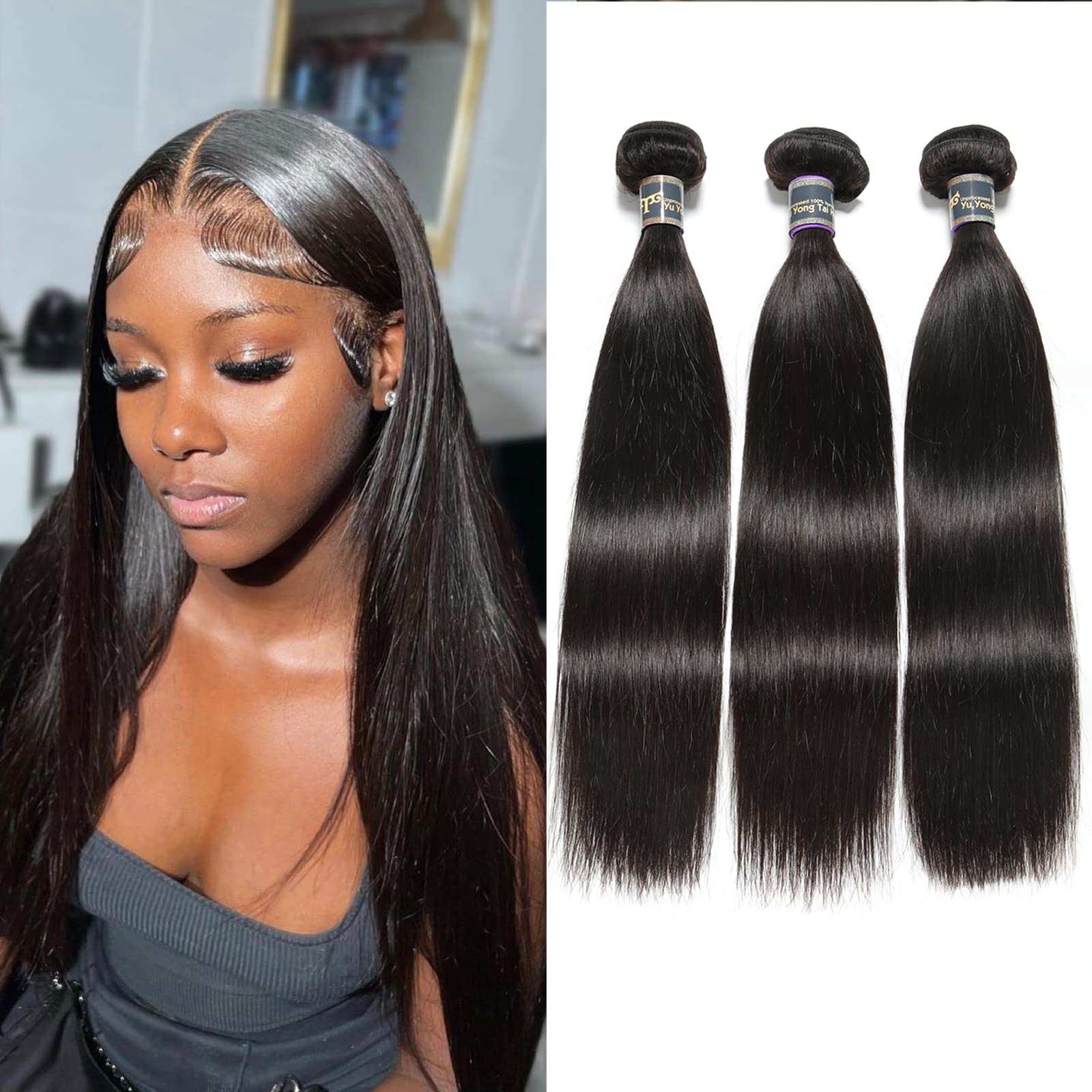 3 Bundles Malaysian Virgin Straight Human Hair Extensions 16 18 Inch Unprocessed 1B Color Double Wefts - Perfect for Styling, Volume Boost & Natural Look | Salon Quality Hair Extensions for Daily Wear & Special Occasions