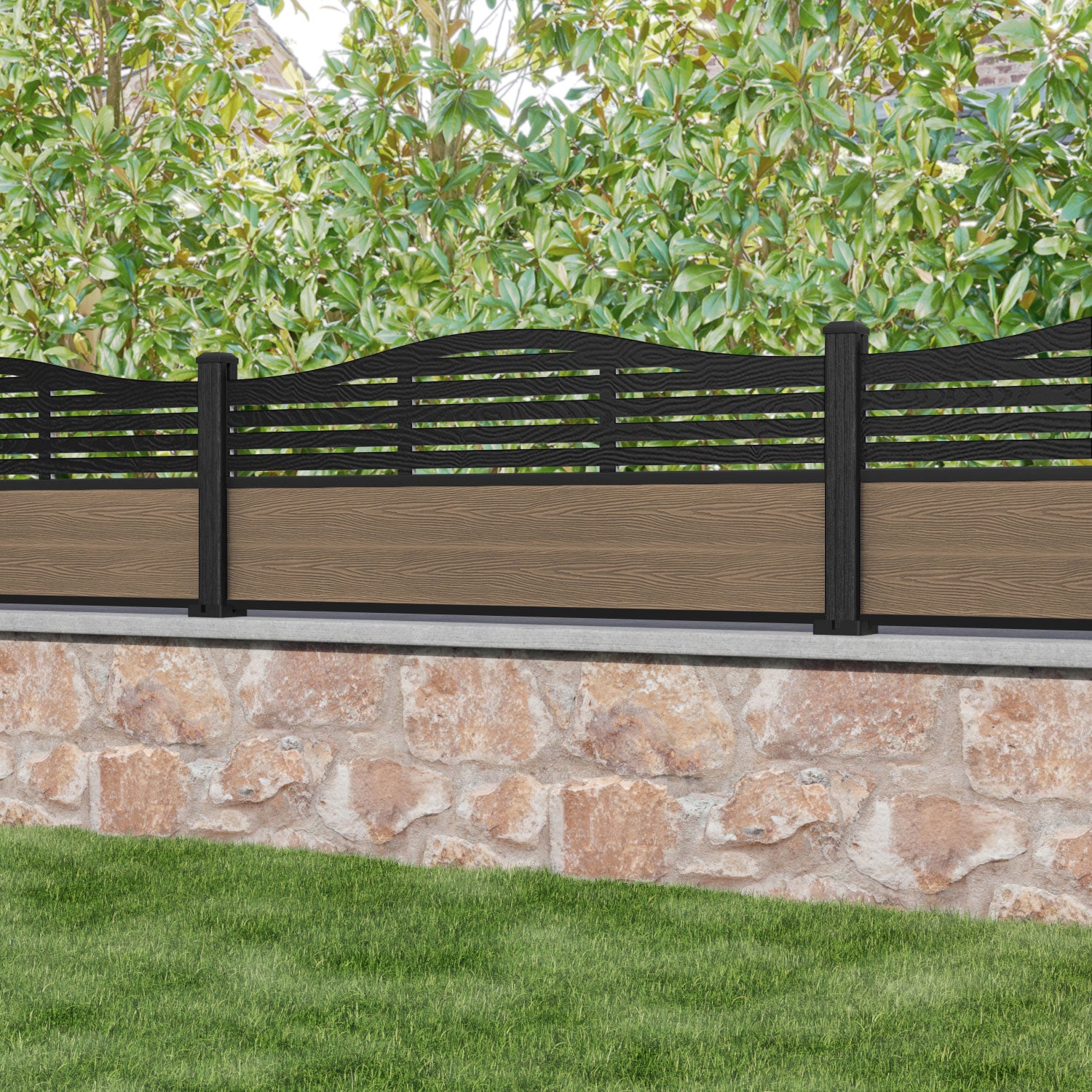 Premium Teak Classic Aspen Curved Top Fence Panel with Composite Posts - Durable Outdoor Privacy Fence for Backyard, Garden & Poolside Landscaping