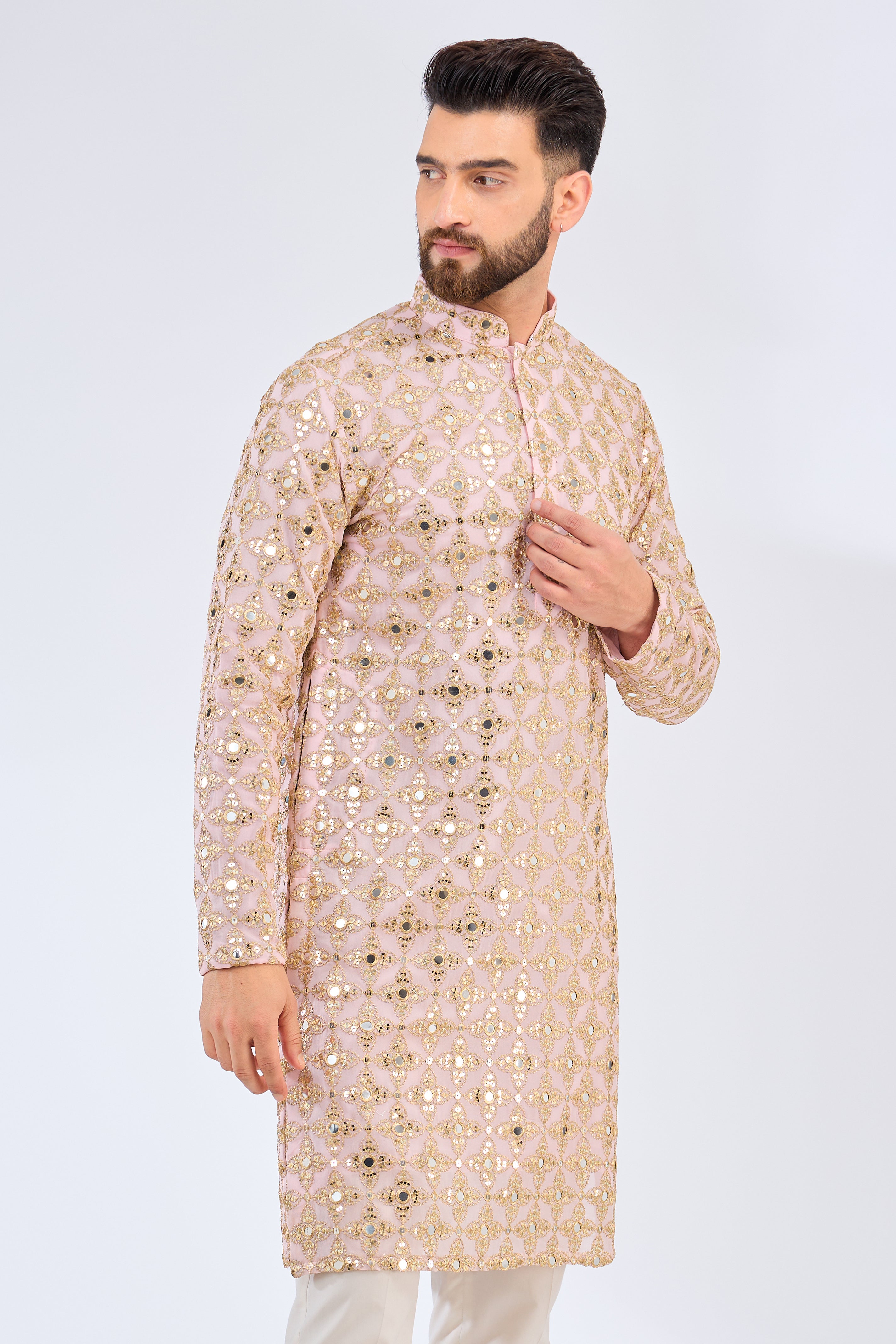 Elegant Pink Mirror Work Kurta with Zari Embroidery - Traditional Indian Ethnic Wear for Women, Perfect for Festivals, Weddings & Special Occasions