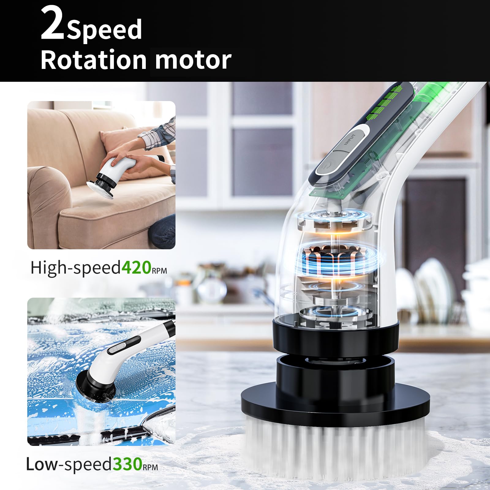 Electric Spin Scrubber with 8 Brush Heads - IPX7 Waterproof Shower Cleaner, Cordless Bathroom & Kitchen Cleaning Brush with LCD Display & Adjustable Handle - Perfect for Tile Grout, Bathtubs, Sinks and Stove Tops