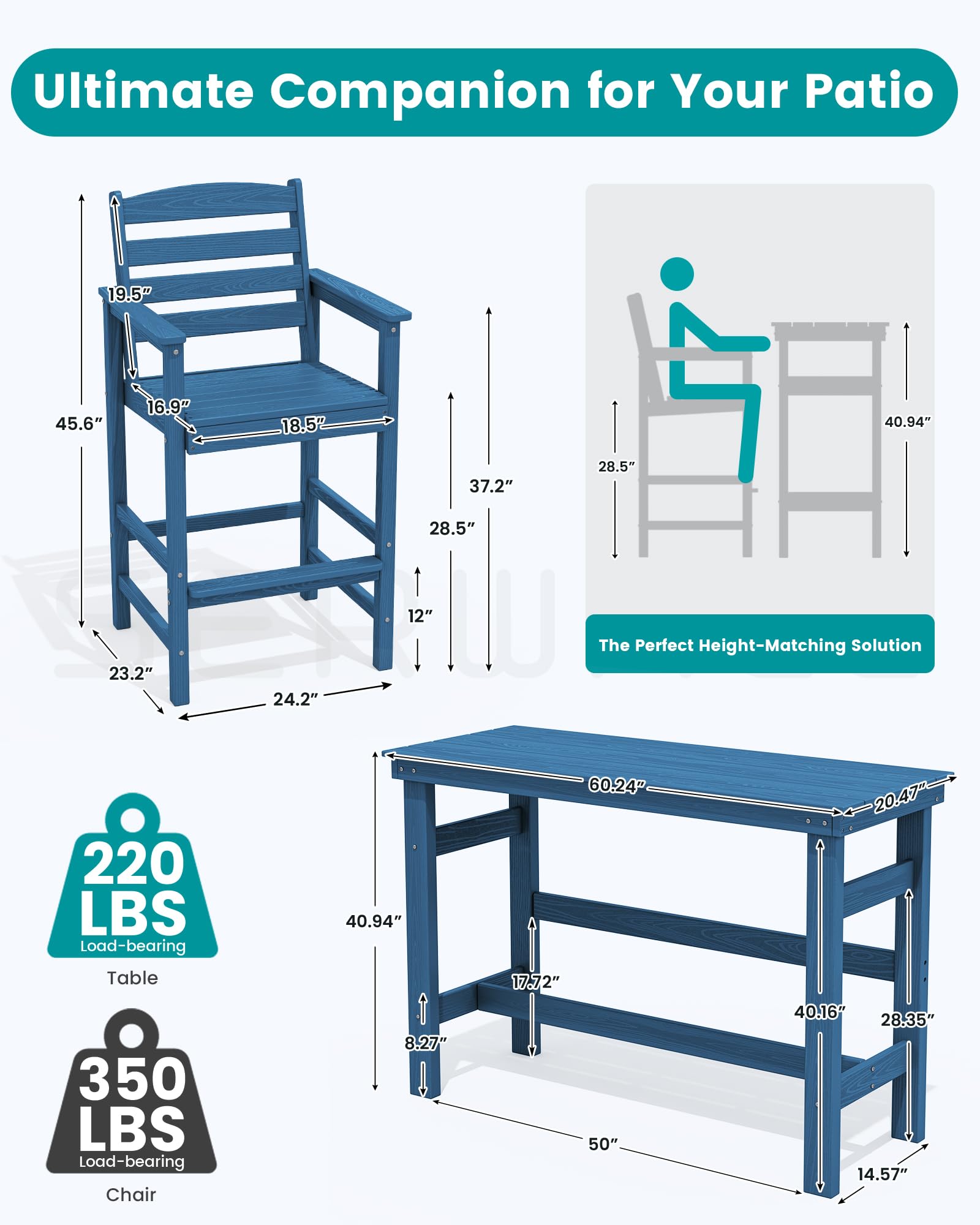 SERWALL 2-Piece Outdoor Bar Table and Chairs Set - All-Weather HDPE Patio Furniture for Backyard, Poolside, Garden - Blue Adirondack Bar Height Set | Perfect for Outdoor Entertaining, Lounging by the Pool, and Relaxing in Your Garden