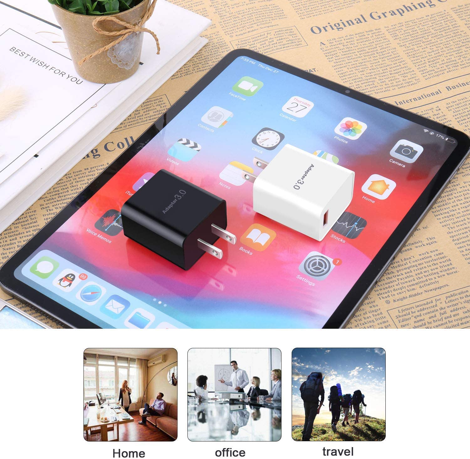 5V 3A USB Wall Charger Fast Charging Block - Dual Port Phone Charger Adapter Compatible with iPhone 16/15/14 Pro Max, Galaxy S24/S23 Ultra, Android Phones & Camping Fan - 2 Pack (Black & White) - Perfect for Home, Office & Travel Charging