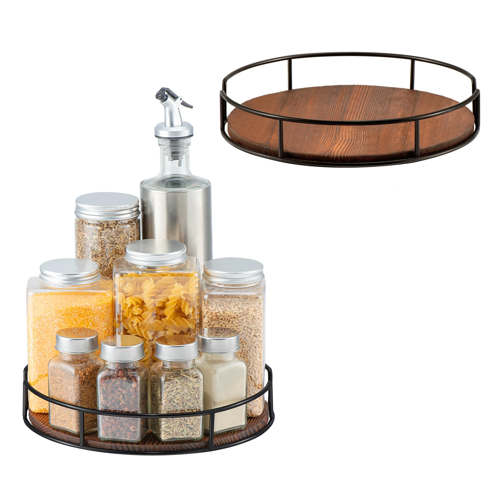 2 Pack Non-Skid Wooden Lazy Susan Turntable Organizer - 9 Inch Spinning Shelf for Kitchen Cabinet, Pantry, Countertop, Refrigerator & Spice Storage (Carbonized Black) - Perfect for Organizing Condiments, Makeup, or Office Supplies