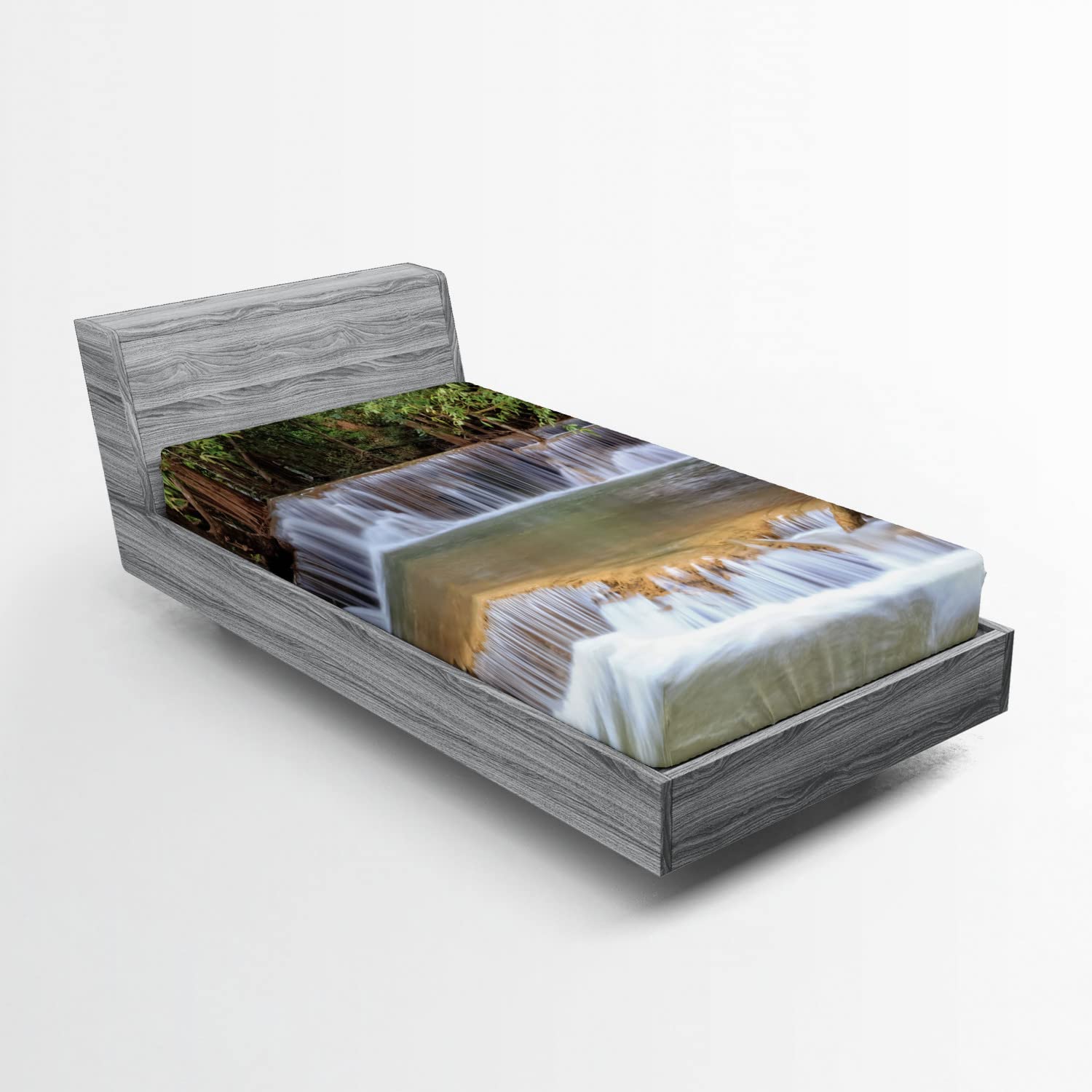 Ambesonne Rainforest Fitted Sheet - Twin Size Deep Pocket Bed Cover with All-Round Elastic, Green Brown Grey - Exotic Thailand Kanchanaburi Waterfalls Design for Summer Travel Theme | Perfect for Guest Rooms, Vacation Homes & Tropical Bedroom Decor