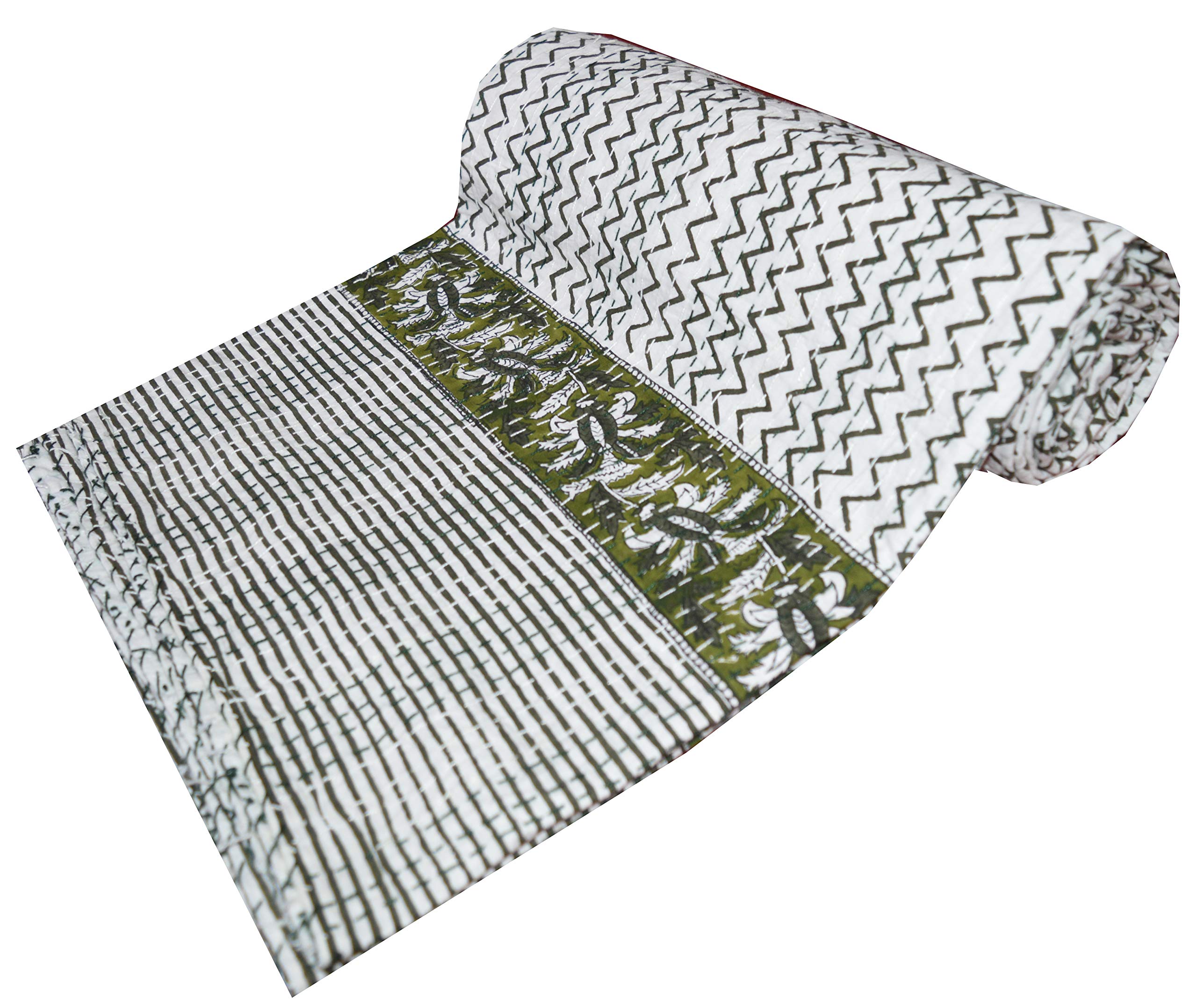 SHIRANYA Handmade Cotton Kantha Quilt - Reversible Indian Bedspread with Traditional Green Hand Block Print - Twin Size Throw Blanket (90x60 Inches/220x152Cm) for Bedroom Decor, Sofa Cover & Cozy Comfort