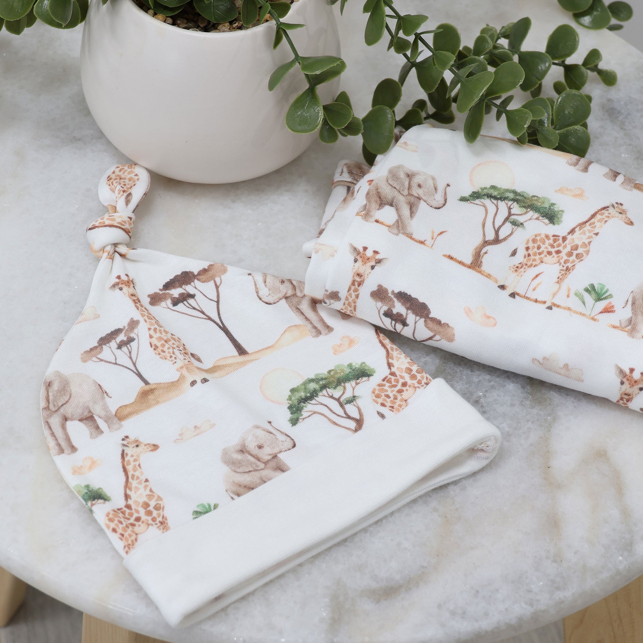 Adventure Bamboo 2-Piece Organic Cotton Jersey Swaddle & Beanie Set for Newborns - Soft Baby Wrap Blanket and Hat Gift Set for Hospital, Photo Shoots & Nursery