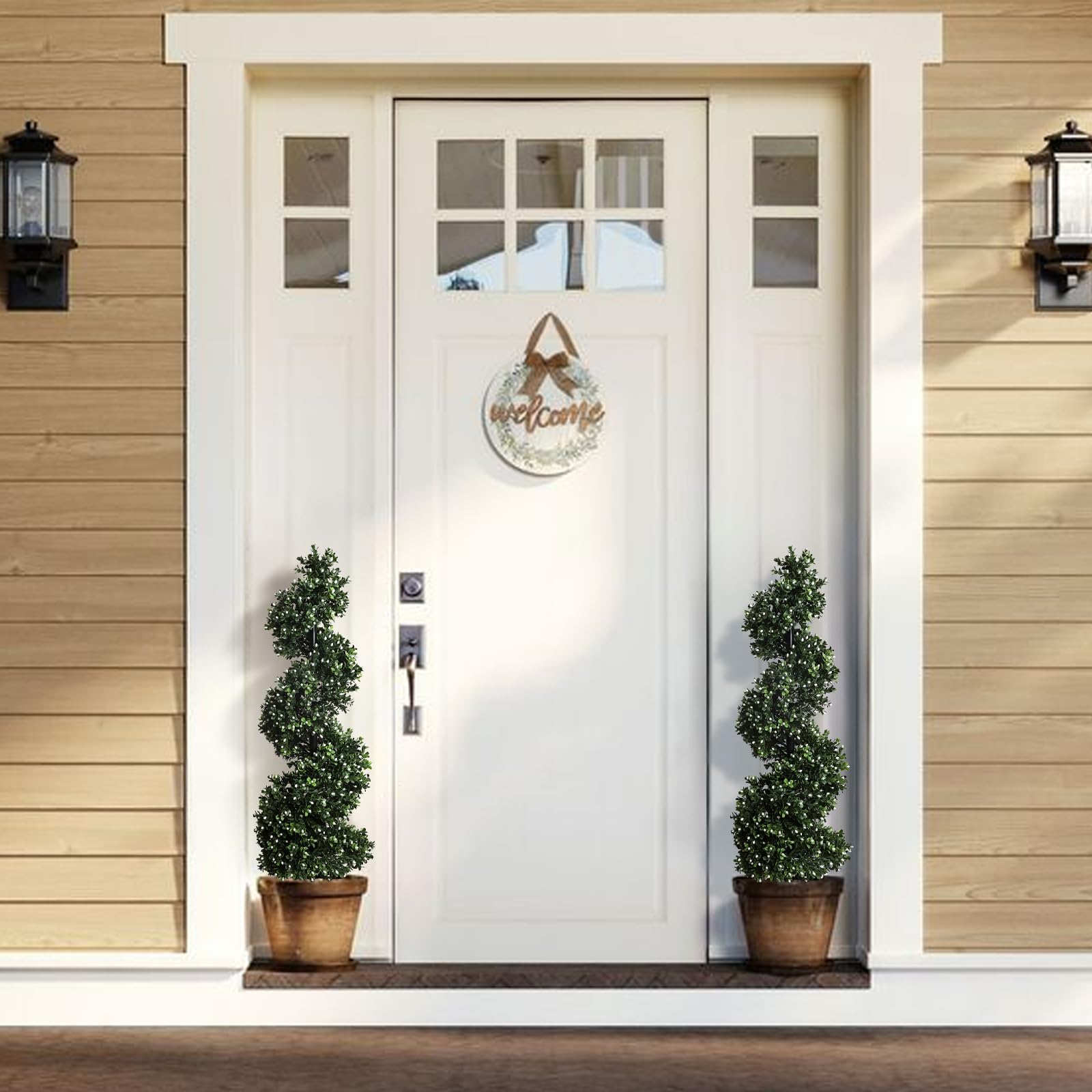 35 Inch Artificial Boxwood Topiary Tree Spiral - Set of 2 Fake Faux Plants in Plastic Pot for Indoor Outdoor Decor - Perfect for Patio, Garden, Living Room & Office Decoration