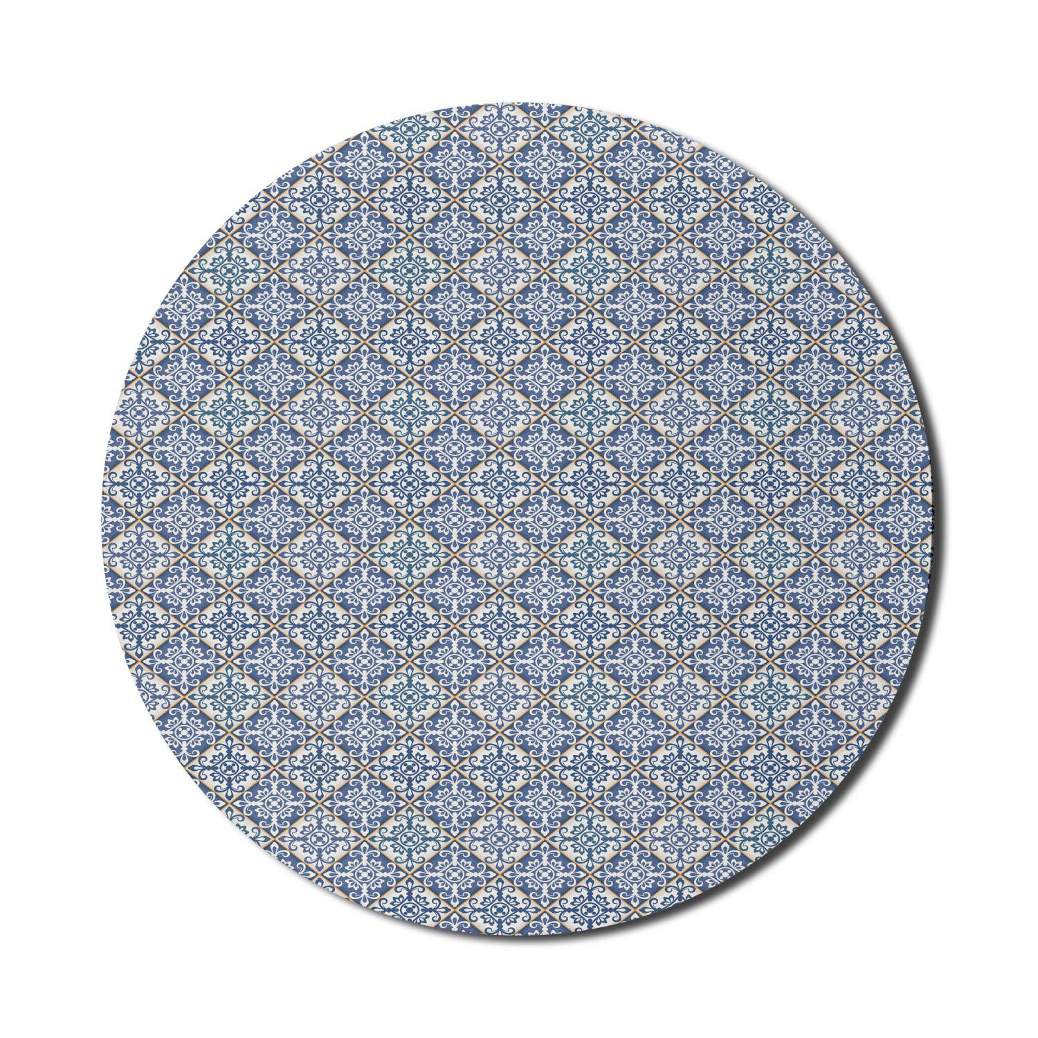 Ambesonne Moroccan Style Mouse Pad - Non-Slip Thick Rubber Gaming Mousepad with Azulejo Ceramic Pattern, Diagonal Square Design in Blue Cream Marigold | 8 Inch Round Computer Mouse Mat for Office, Home & Gaming PC Setup