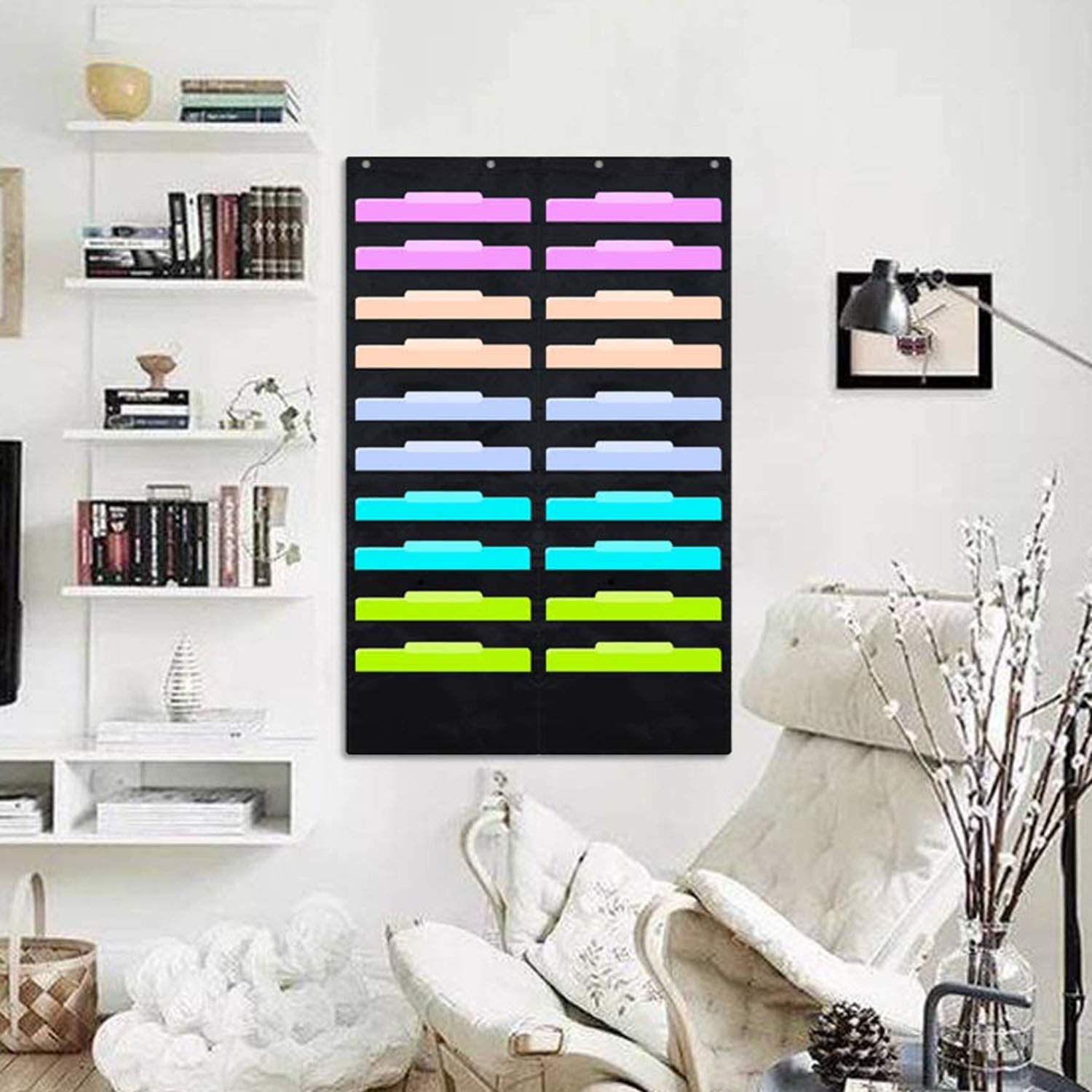 20-Pocket Hanging File Organizer Rack - Wall Mount or Over The Door Storage for Office, Home & Classroom - Perfect for Files, Wrapping Paper, Magazines & Art Supplies with 4 Metal Hooks - Space-Saving Vertical Desktop & Wall Decoration Solution