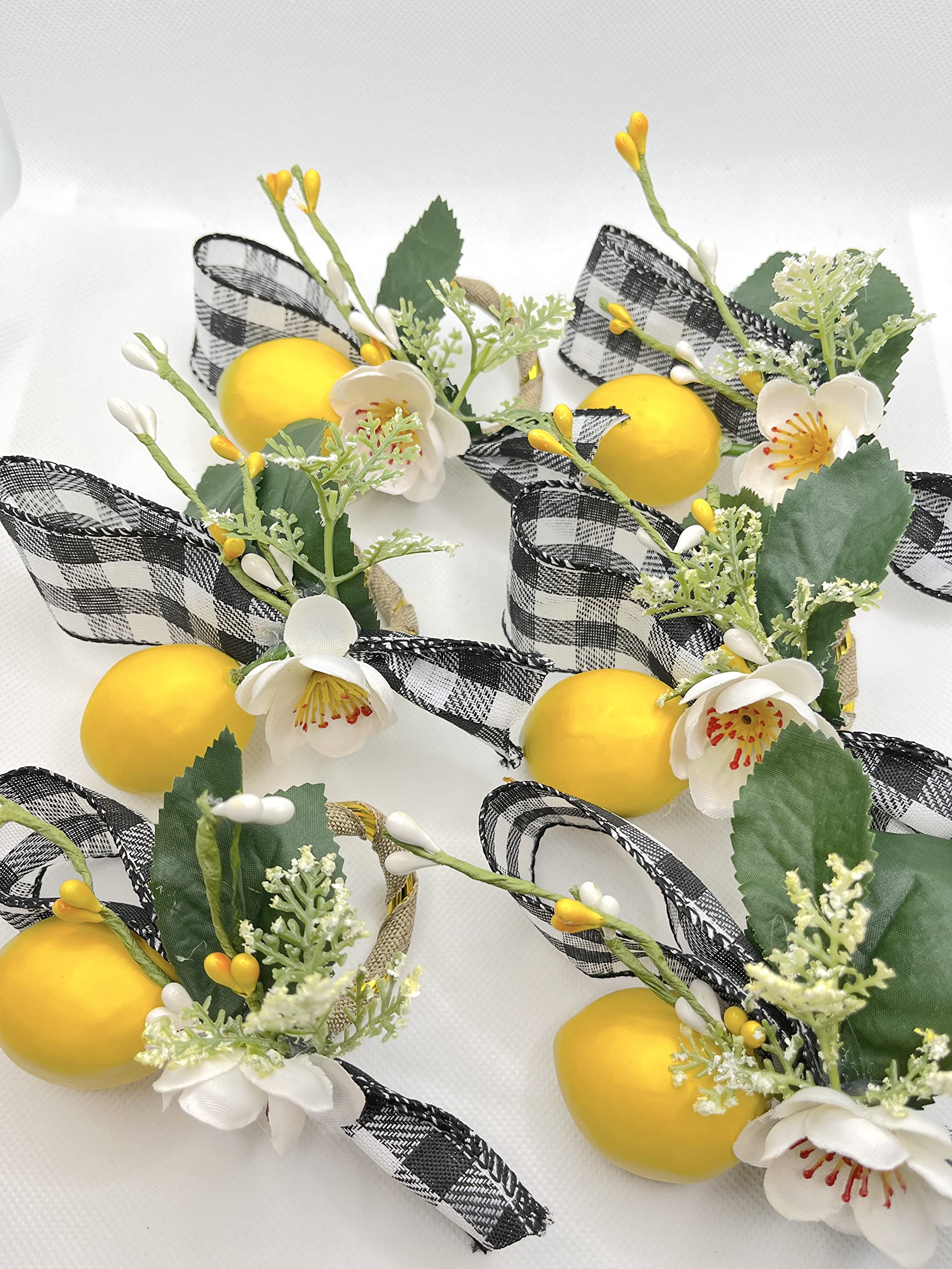 Lemon & Buffalo Plaid Napkin Rings Set of 6 - Vine Leaf Napkin Holders for Wedding, Birthday Party, Spring & Summer Dinner Decor - Rustic Farmhouse Table Setting Accessories for Home Dining Room Decorations