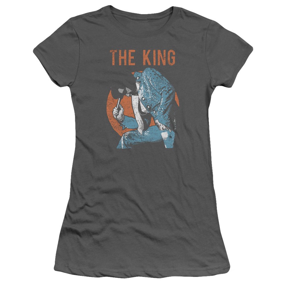Elvis Presley Microphone in Hand Graphic T-Shirt for Girls - Junior Grey Tee - Vintage Rock Music Fan Gift & Casual Wear