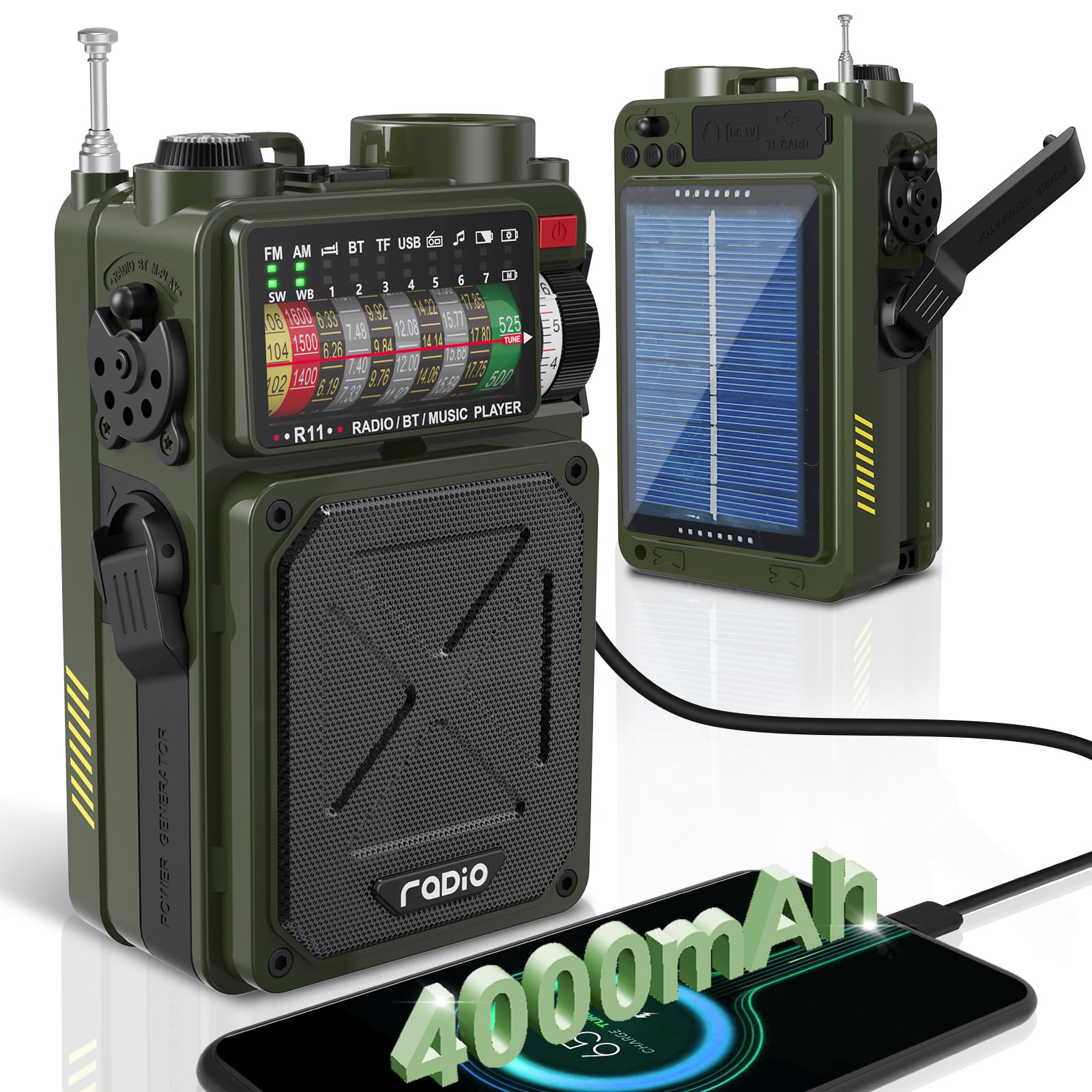 Emergency Crank Radio - 4000mAh Solar Hand Crank NOAA Weather Radio with AM/FM/WB/SW, Bluetooth, Flashlight & SOS Alarm | USB/Solar/Crank Charging for Camping, Hiking & Power Outages | Perfect for Outdoor Adventures & Emergency Preparedness