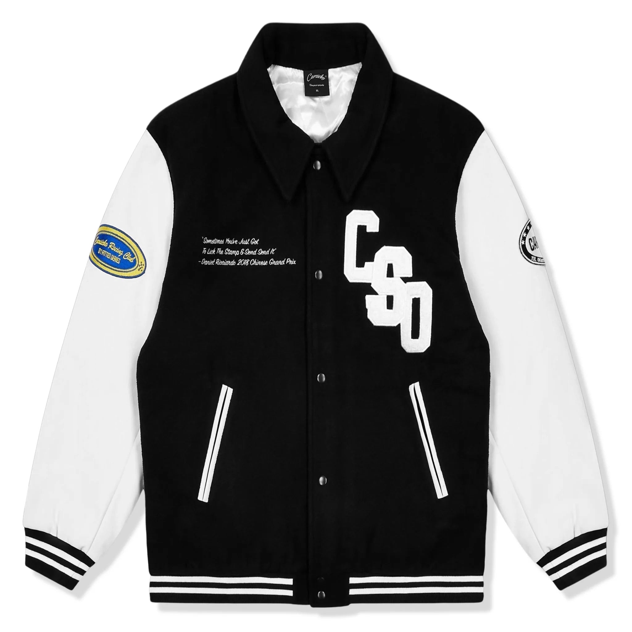 Carsicko Racing Club Black Varsity Jacket - Men's Vintage Baseball Letterman Jacket for Streetwear & Racing Enthusiasts - Perfect for Casual Outfits, Car Meets, and Urban Fashion