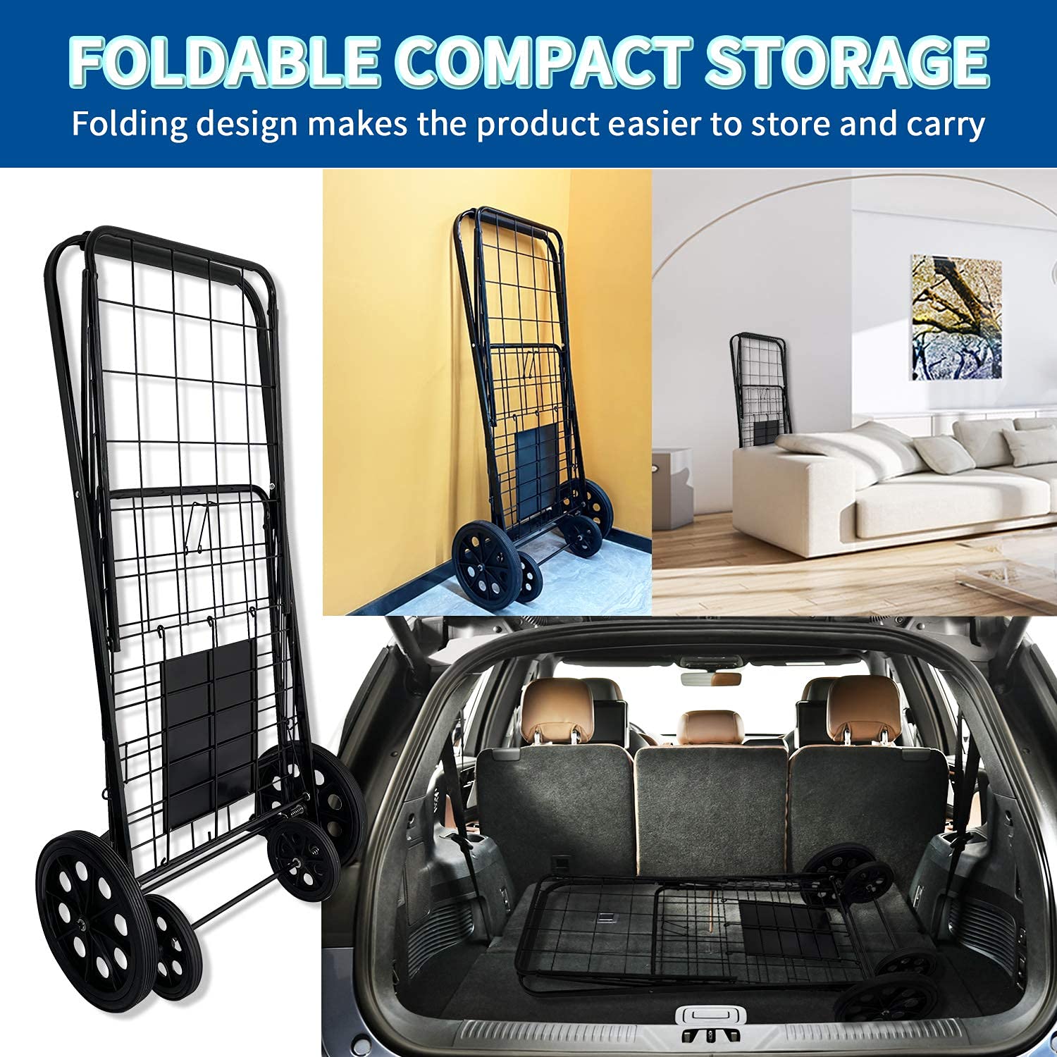 Heavy Duty Metal Folding Grocery Cart with Large Capacity - Upgraded Rubber Wheels for Stability & Durability - 50KG Load Bearing - Convenient Lightweight Shopping Cart for Supermarket, Farmers Market & Home Use (Black)