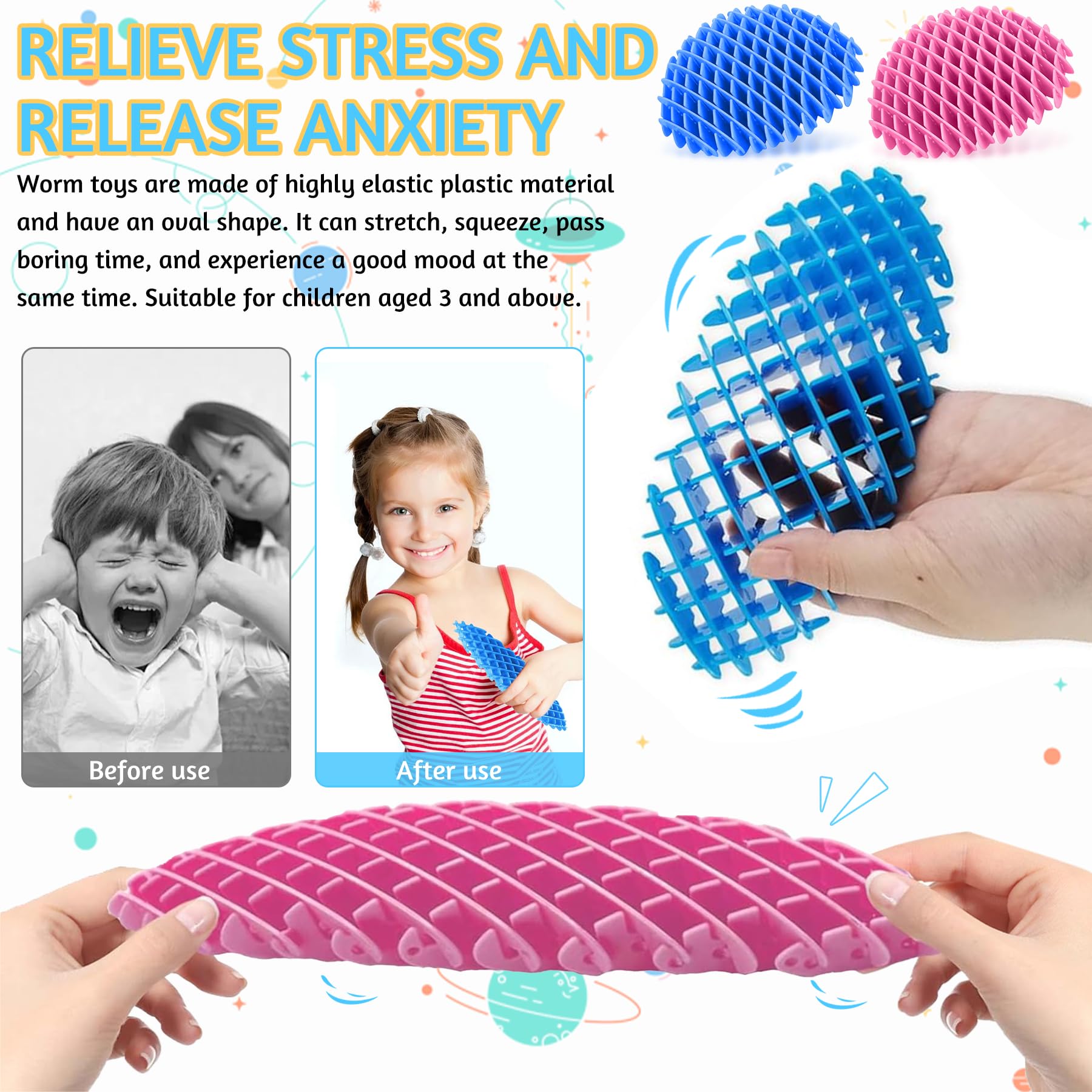 12Pcs Fidget Worm Sensory Toys - Stress & Anxiety Relief Fidget Toys for Kids & Adults - Stretchy Resistance Worm Keychain for ADHD, Autism, Focus - Perfect for Office, School, Travel & New Year Gifts