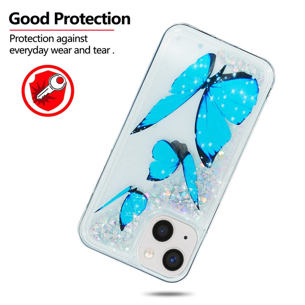 Sparkly Glitter Phone Case for iPhone 13 - Bling Liquid Quicksand TPU Cover with Blue Butterfly Design | Shockproof Anti-Slip Soft Case for Women & Girls | Perfect for Parties, Daily Use & Gift Giving (6.1 inch)